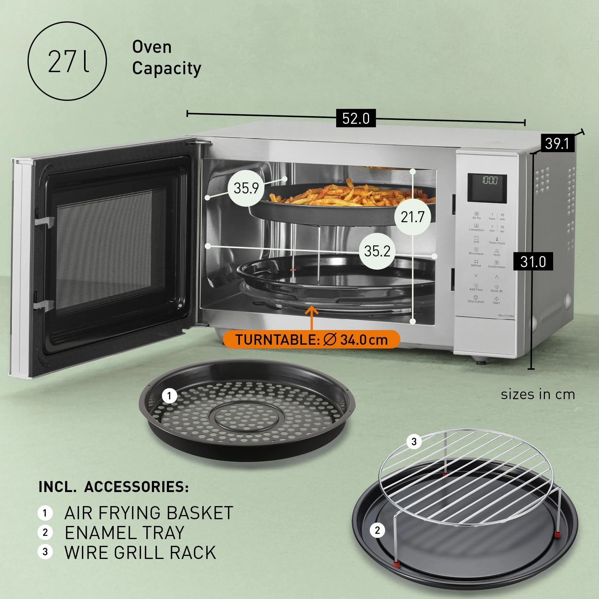 Panasonic NN-CT57RMEPG 27L 4-w-1 kuchenka mikrofalowa kombinowana falownik z frytkownicą powietrzną, 1000 W, 19 programów samochodowych, grill konwekcyjny, kompaktowa konstrukcja, oszczędność miejsca