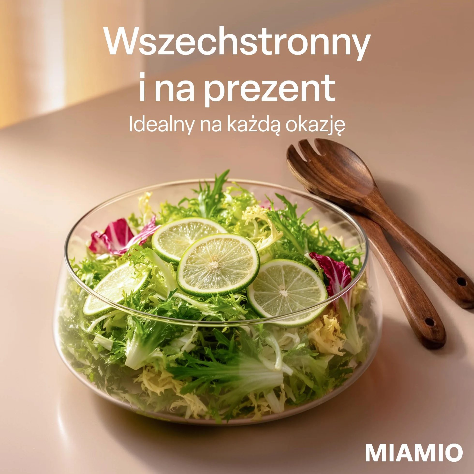 MIAMIO Duża Szklana Miska do Sałatki 3,5L z Drewnianą Podstawą Akacjową