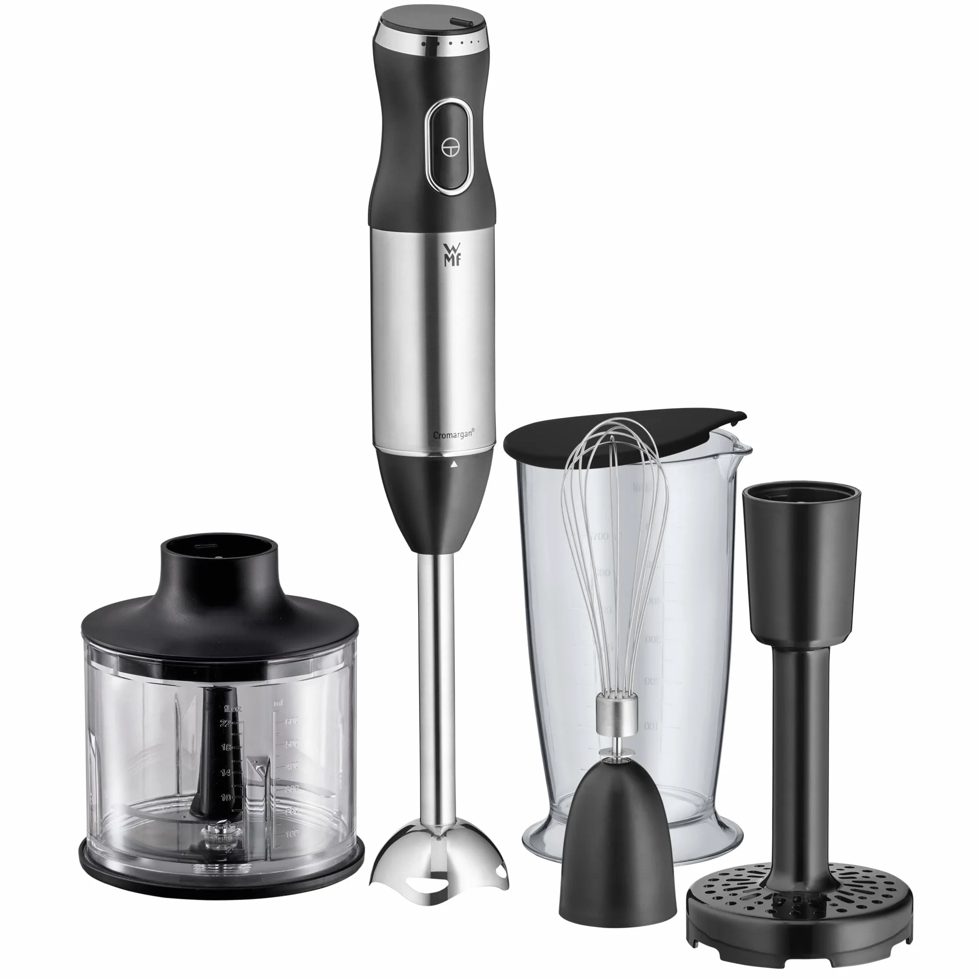 WMF Kult X 5-częściowy zestaw blenderów ręcznych, pałeczka immersyjna, ubijacz, rozdrabniacz, 600 W, magiczna różdżka z pojemnikiem do miksowania 700 ml, stal nierdzewna matowa
