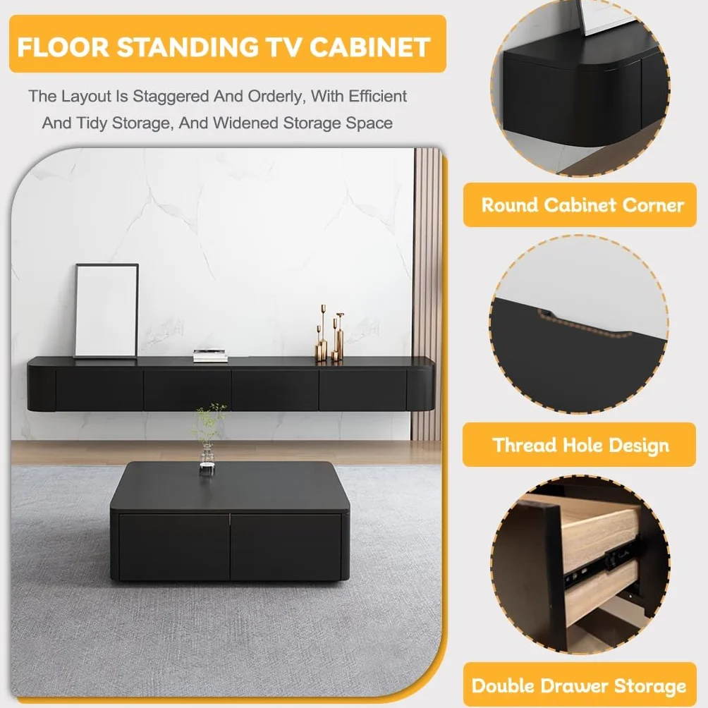 Black Wall Mounted TV Cabinet,Floating TV Stand, Entertainment Media Console, With Storage Drawers & Door,For Storage Hutch Under TV(240cm)