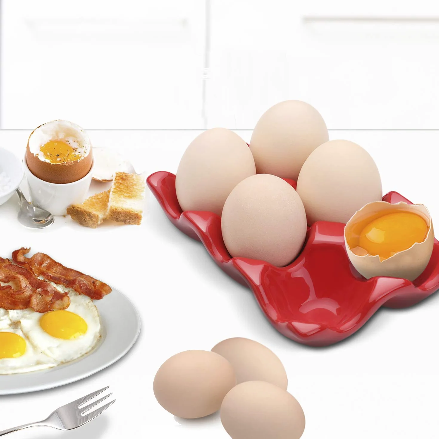 Flexzion Ceramiczna skorupka na jajka 6 pojemności na pół tuzina pojemników czerwona miska do serwowania organizer do przechowywania 2 sztuki
