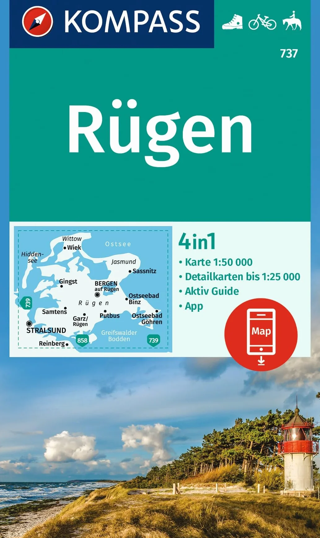 Insel Rügen: 4in1 Wanderkarte, mit Aktiv Guide und 1:25000 Karten, inklusive Kartenbereich zur offline Verwendung in der KOMPASS-App. Fahrradfahren. Reiten.: 737