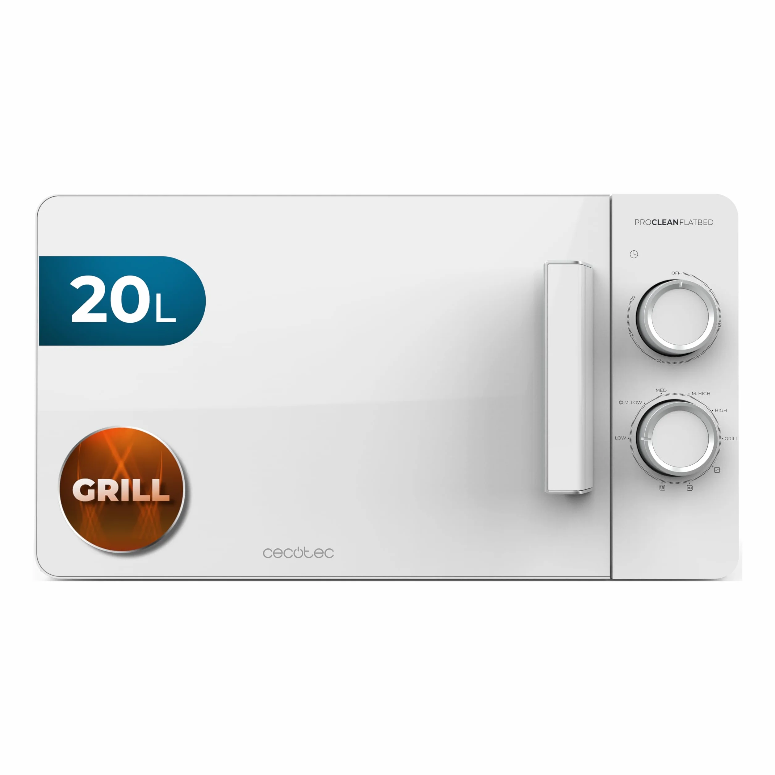 Cecotec Proclean 3120 Flatbed kuchenka mikrofalowa 20 l, moc 700 W i grill 800 W, kompaktowa konstrukcja, ceramiczne wnętrze, tryb rozmrażania, timer 30 min, technologia 30 Min, technologia 3ave Dwave