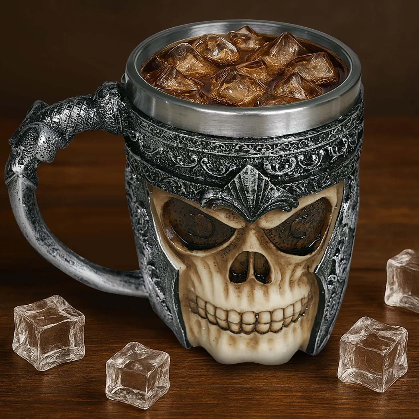 Kubek premium 3D z czaszką ze stali nierdzewnej do napojów takich jak kawa, herbata, cappuccino, piwo | Kubek z głową czaszki Wikingów z designem szkieletu czaszki (1)