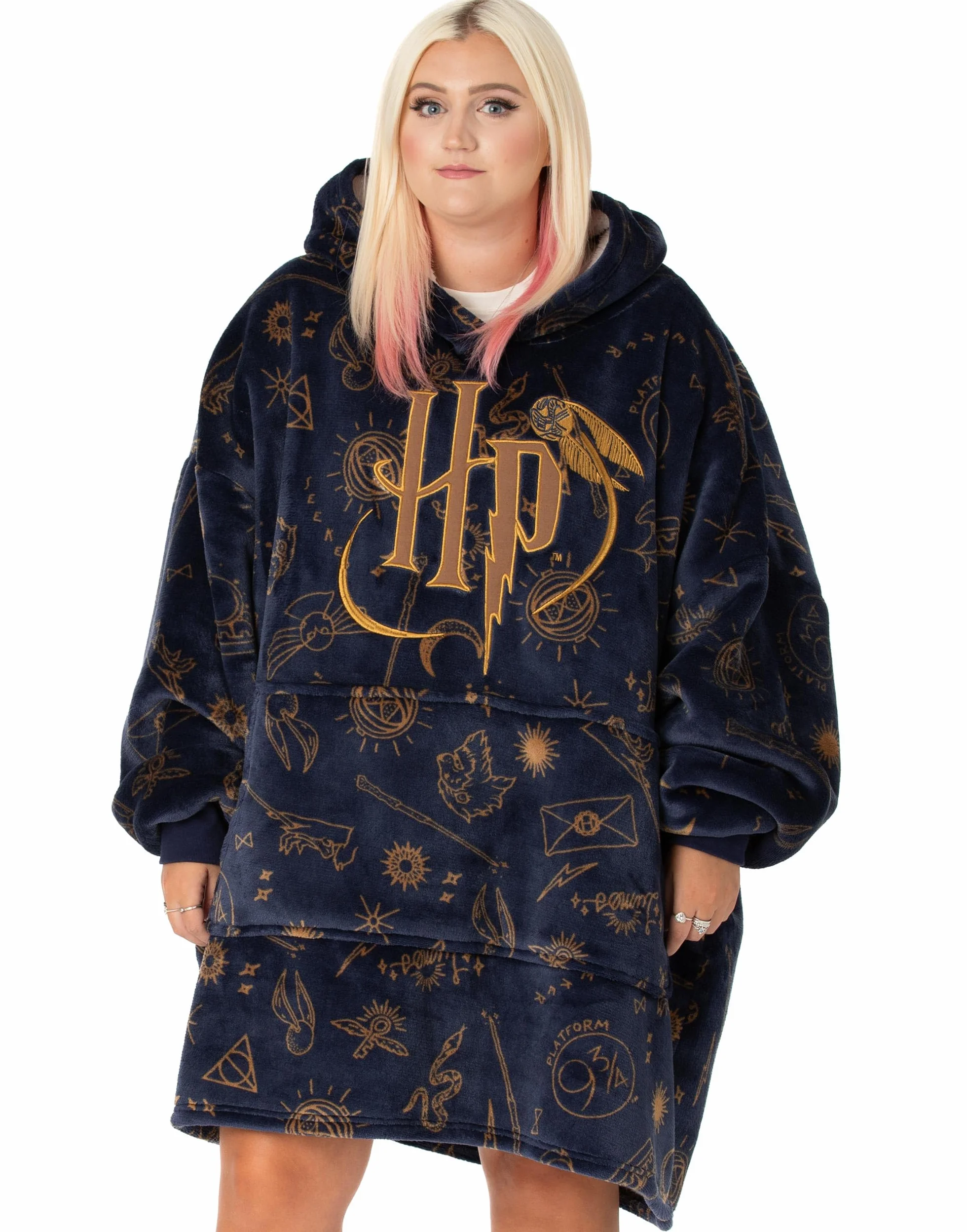 Harry Potter Damska bluza z kapturem do noszenia | Szary sweter z kapturem dla dorosłych z nadrukiem Hogwartu na całej powierzchni