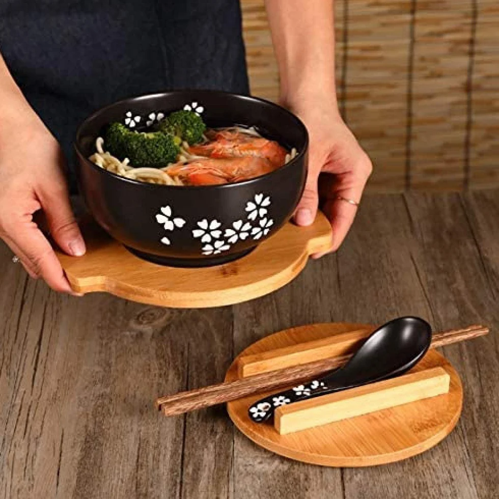 1000 ml ceramiczna miska na makaron z łyżeczką, miska z podkładką z pokrywką, miska na błyskawiczny makaron, miska na zupę koreańską, miska na ryż, zestaw sztućców