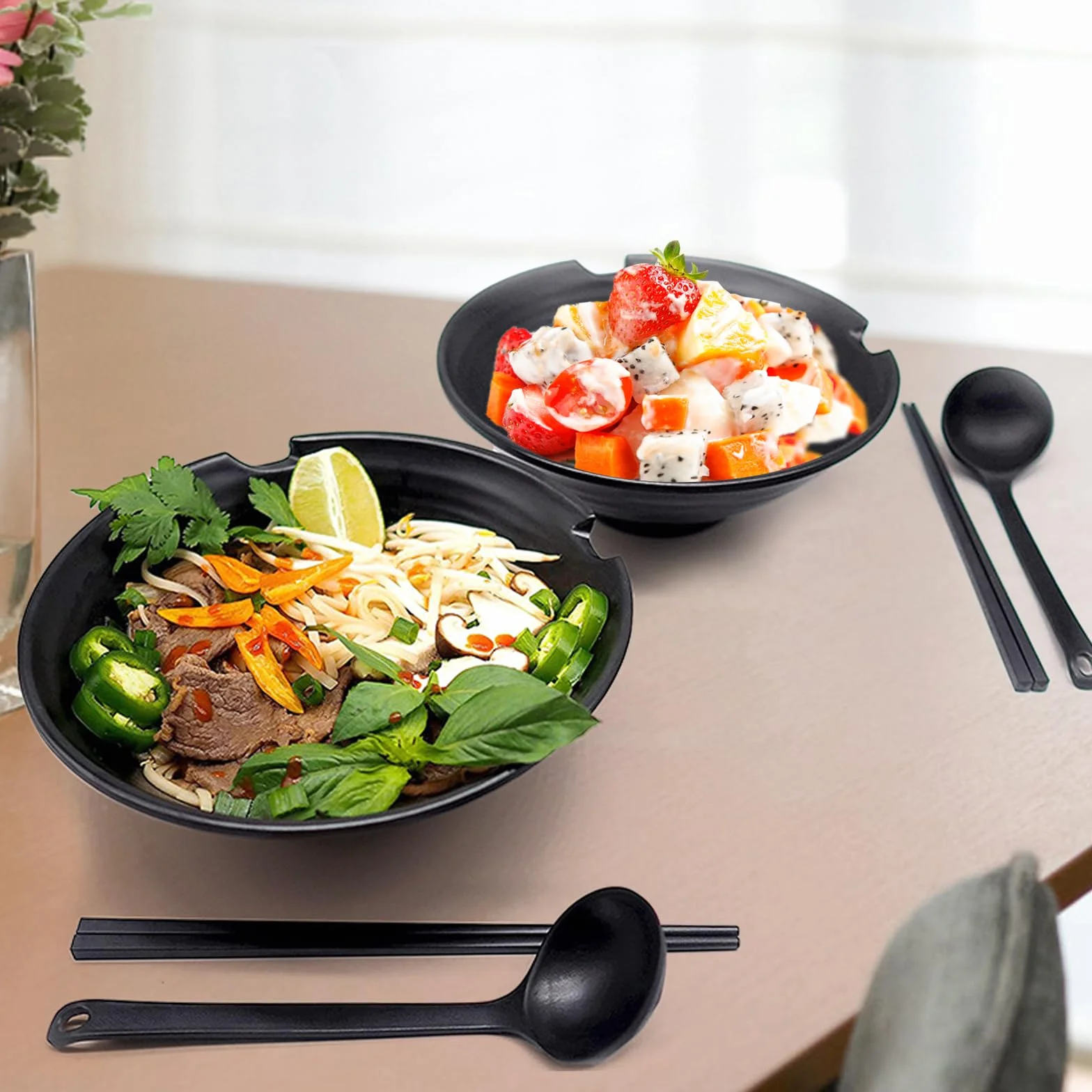 Zestaw 2 Japońskich Misek do Ramenu, 1000 ml, Klasy Premium, Antypoślizgowe Miseczki z Łyżeczką i Pałeczkami, Azjatyckie Naczynia do Makaronu i Udon