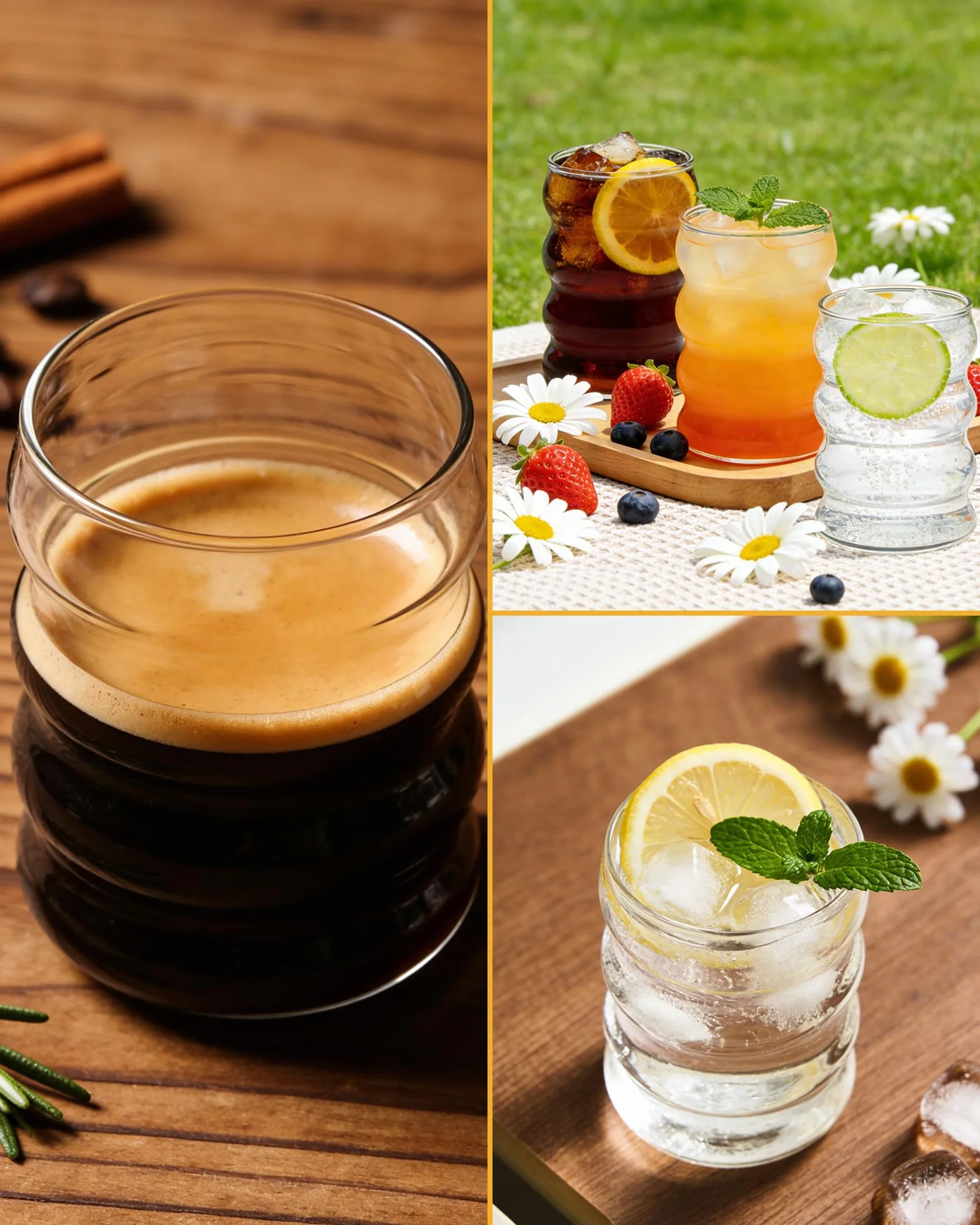 Zestaw 4 szklanek 350 ml z falistym wzorem i szklanymi słomkami – Bubble Glassy do koktajli, kawy mrożonej, wody i napojów gazowanych, z dołączoną szczotką