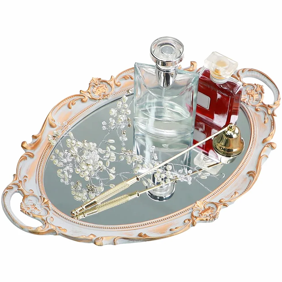 Stojak na biżuterię w stylu vintage, organizer na perfumy, dekoracyjna taca do lustra, owalna, vintage, na perfumy, biżuterię, tacę, do sypialni, salonu, złoto-szary