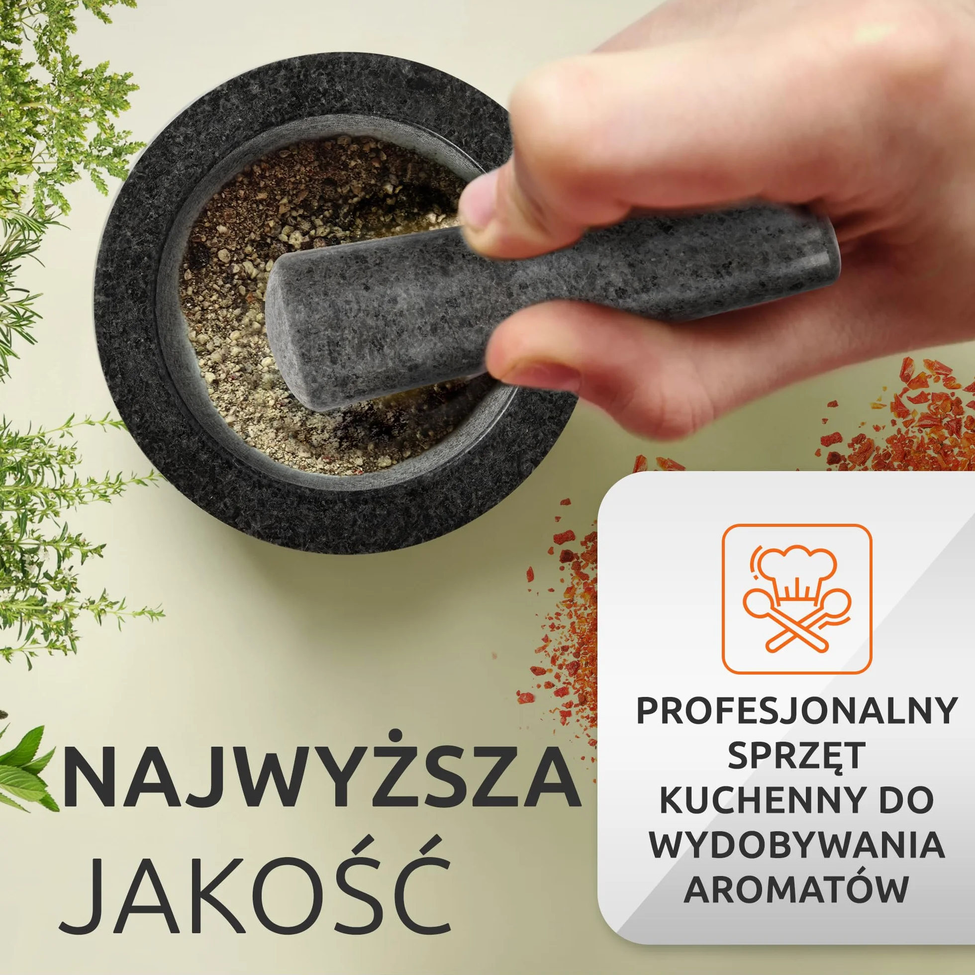 ECENCE Drewniany i Granitowy Moździerz i Tłuczek Zestaw tłuczków i Moździerzy do Przypraw dla Doskonałego Kruszenia Duży Kamienny Moździerz i Tłuczek Granit i Drewno Akacjowe Ø15,5cm