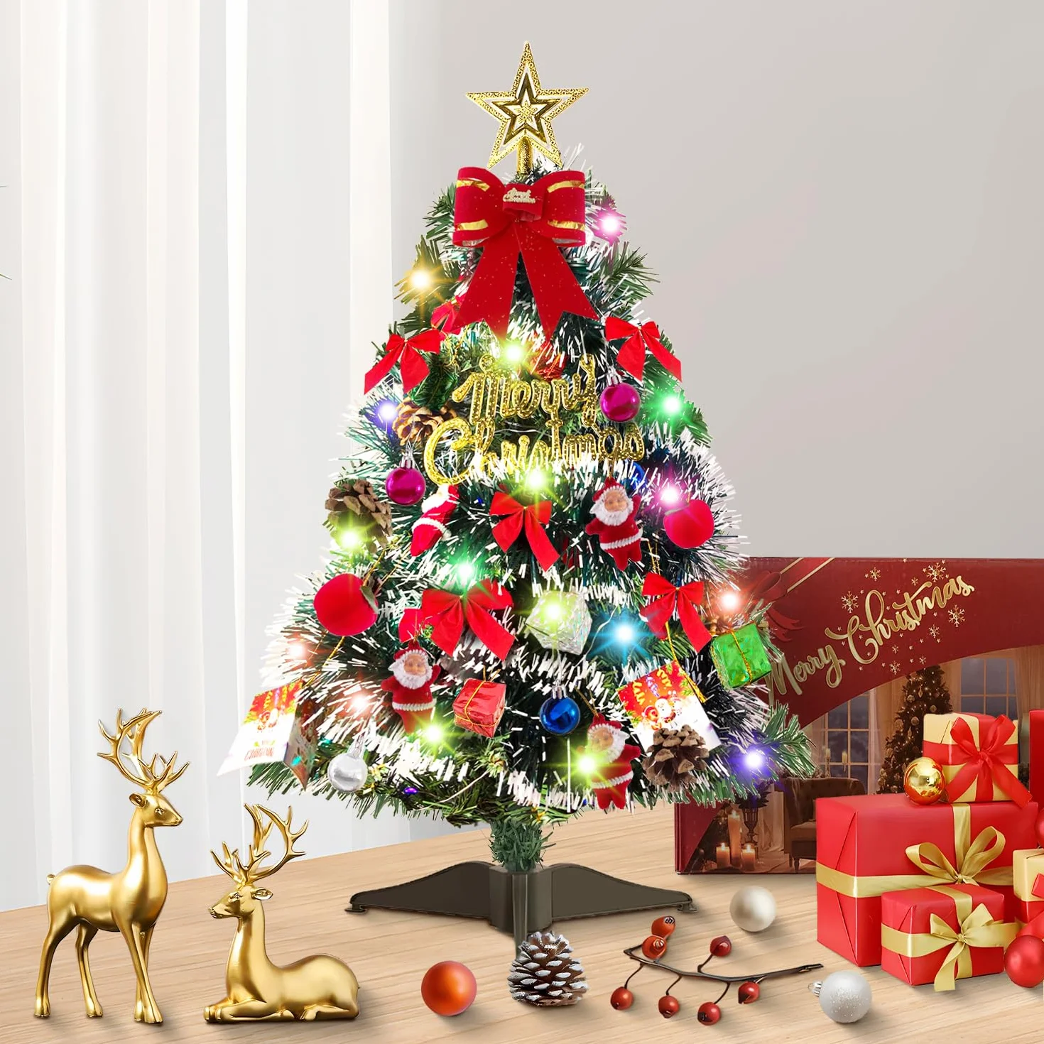 Sztuczna choinka na stół 60 cm mini drzewko sosnowe z ornamentami dekoracja bożonarodzeniowa