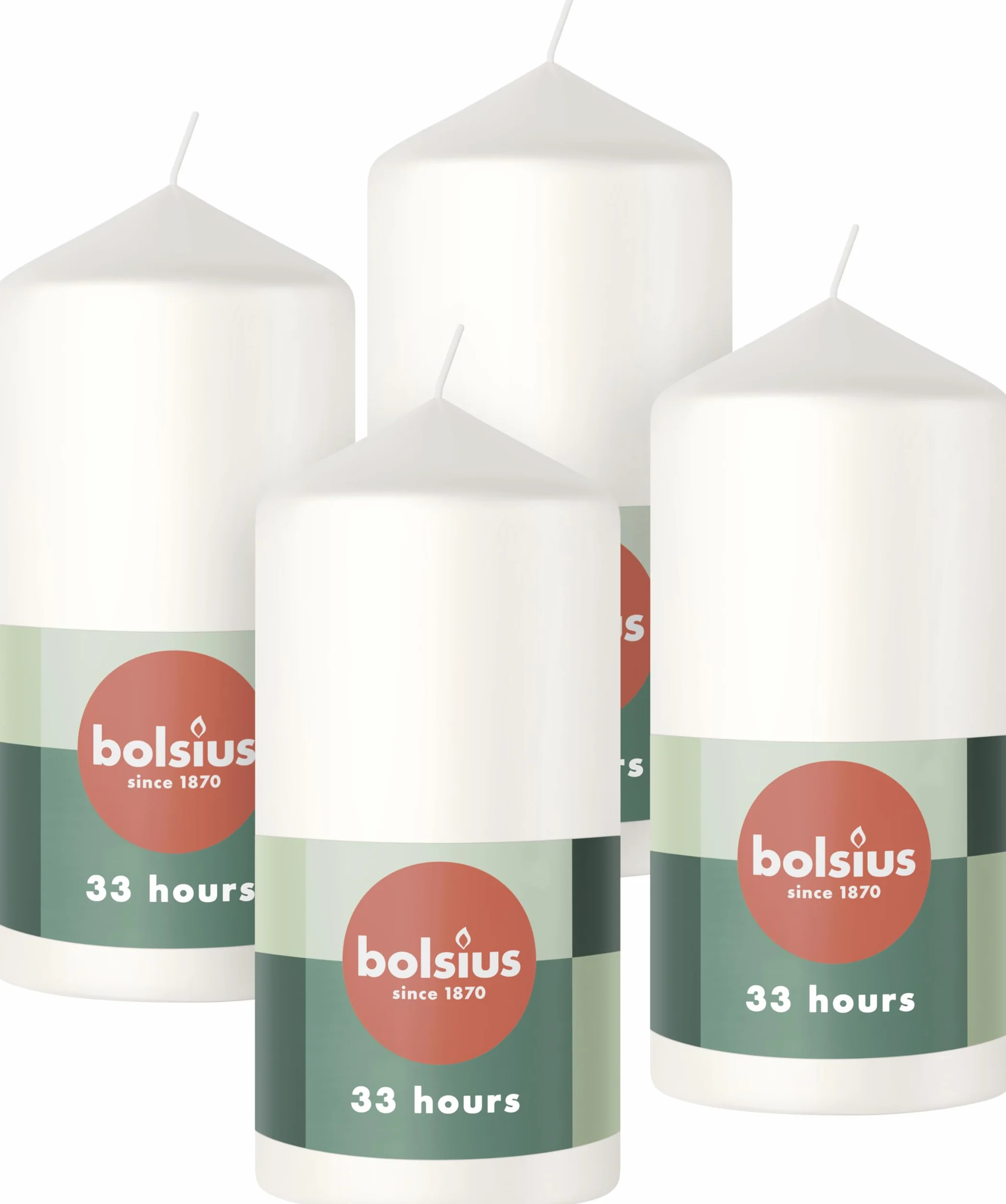 Bolsius Gładkie świece pieńkowe – białe – 4 sztuki – 12 x 6 cm – dekoracyjne świece domowe – długość palenia 33 godziny – bezzapachowe – zawierają naturalny wosk roślinny – bez oleju palmowego –