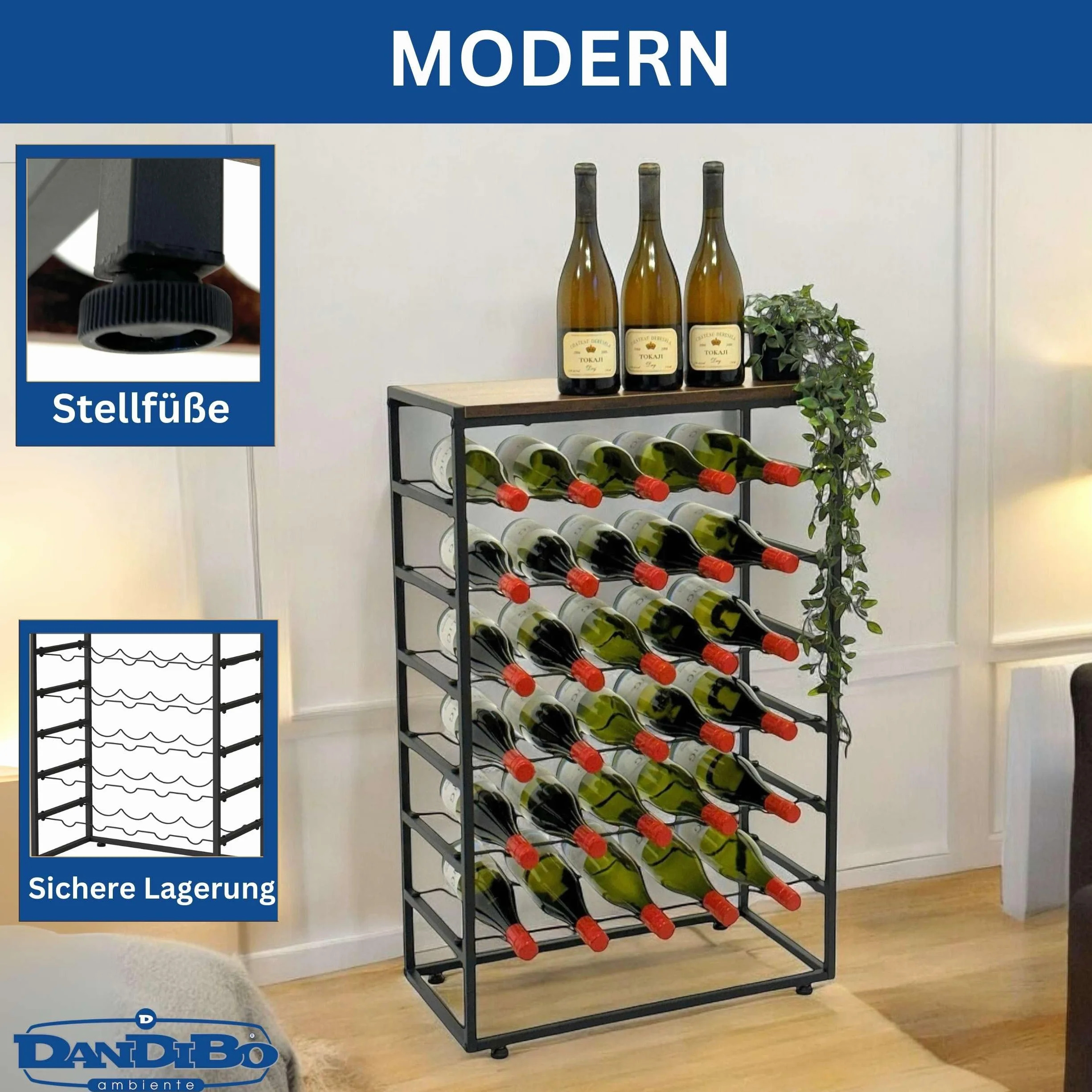 DanDiBo Regał na wino, metalowy, czarny, stojący 30 butelek, 96605, stojak na butelki wina, uchwyt na butelki