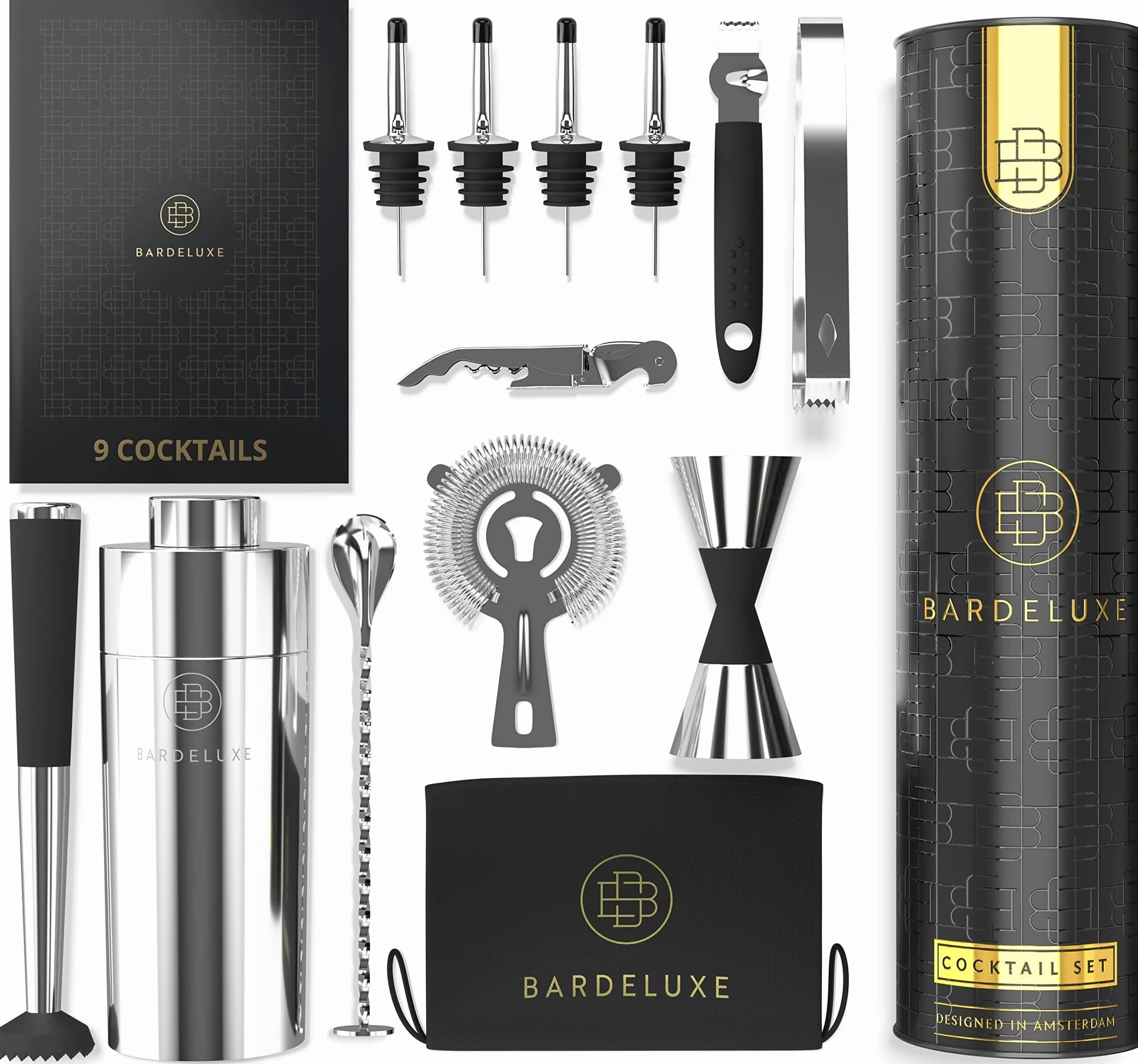 BarDeluxe® Zestaw Barmanski, 12-częściowy, Zestaw Koktajlowy, Shaker do Koktajli 750 ml | W Zestawie Eleganckie Pudełko Upominkowe, Torba do Przechowywania i Książka z Przepisami (Srebro)