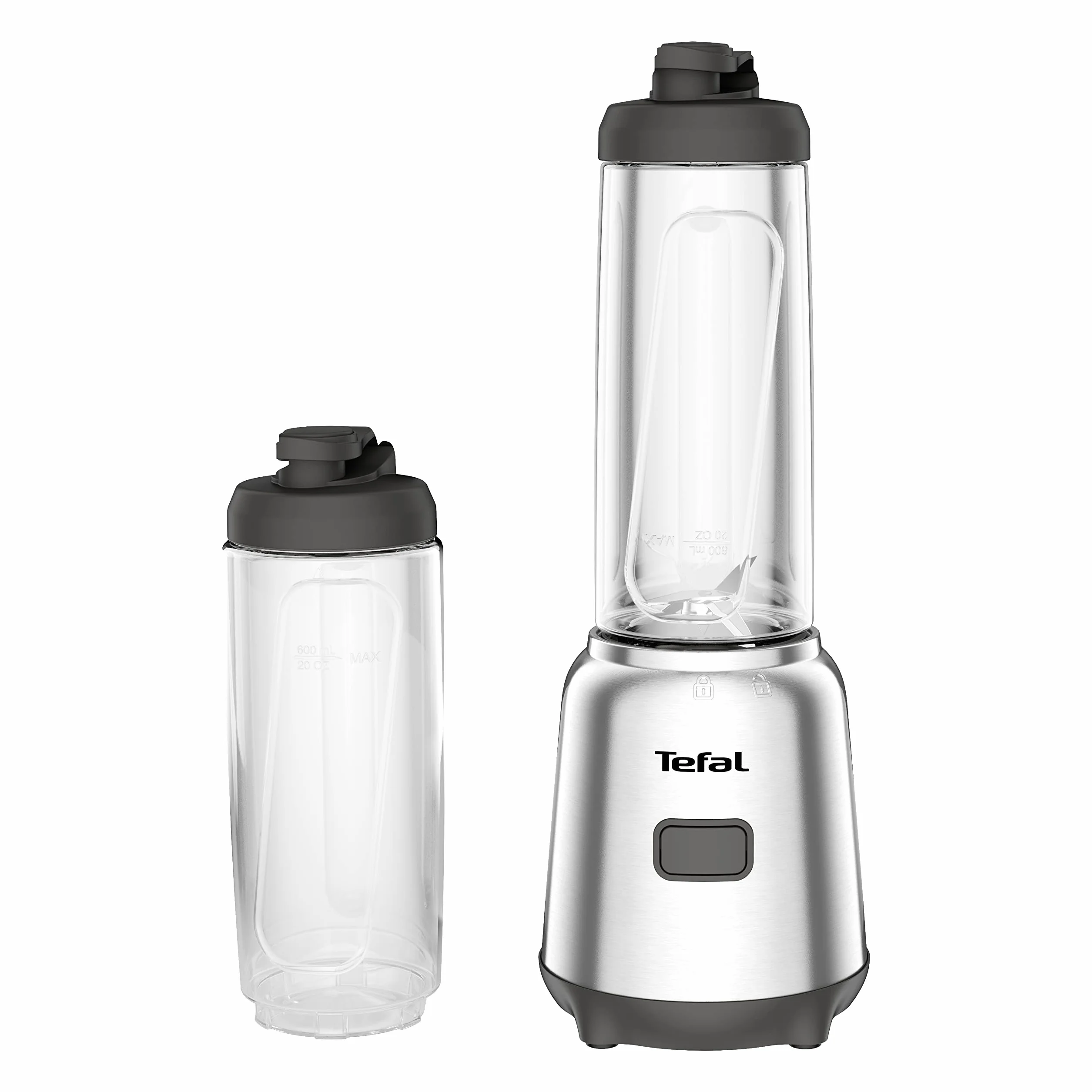 Tefal Mix & Move Mini Blender Kielichowy BL15FD, moc 300 W, 2 butelki To-Go, kompaktowa konstrukcja, łatwy do czyszczenia, zdejmowane ostrza, obsługa jednym przyciskiem, srebrny/czarny