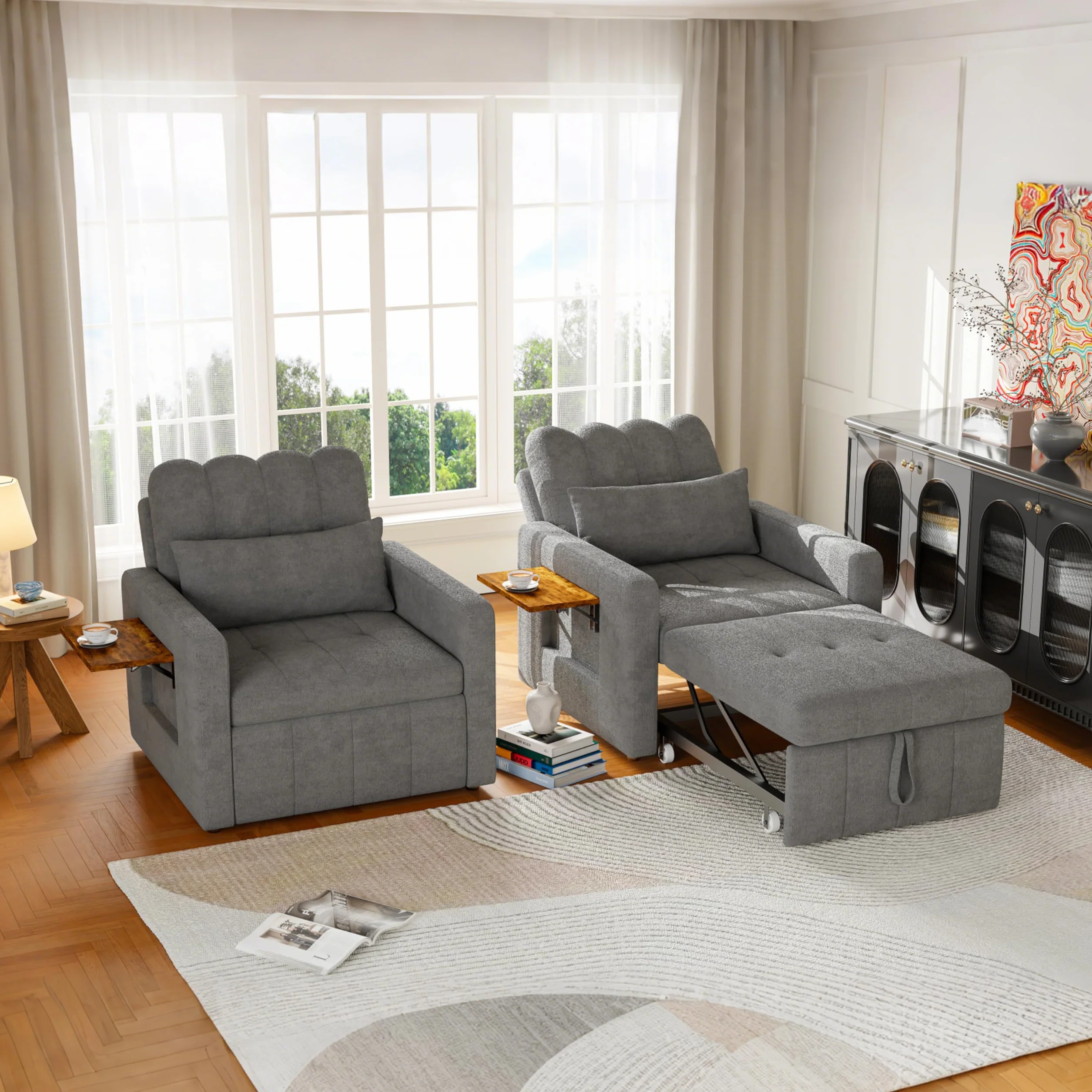 Fotel do spania 3 w 1 z funkcją łóżka, rozkładana sofa ze składanymi stolikami do herbaty, pojedyncza sofa do spania, rozkładane krzesło, regulowany pojedynczy fotel z poduszkami, powierzchnia