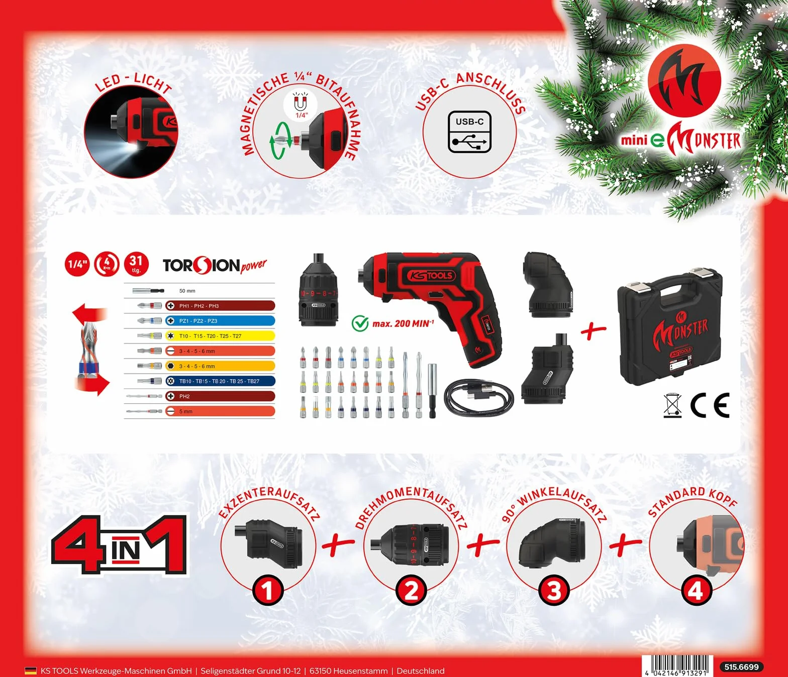 KS Tools 515.6699 kalendarz adwentowy z mini eMONSTER zestaw wkrętarek akumulatorowych 31-częściowy