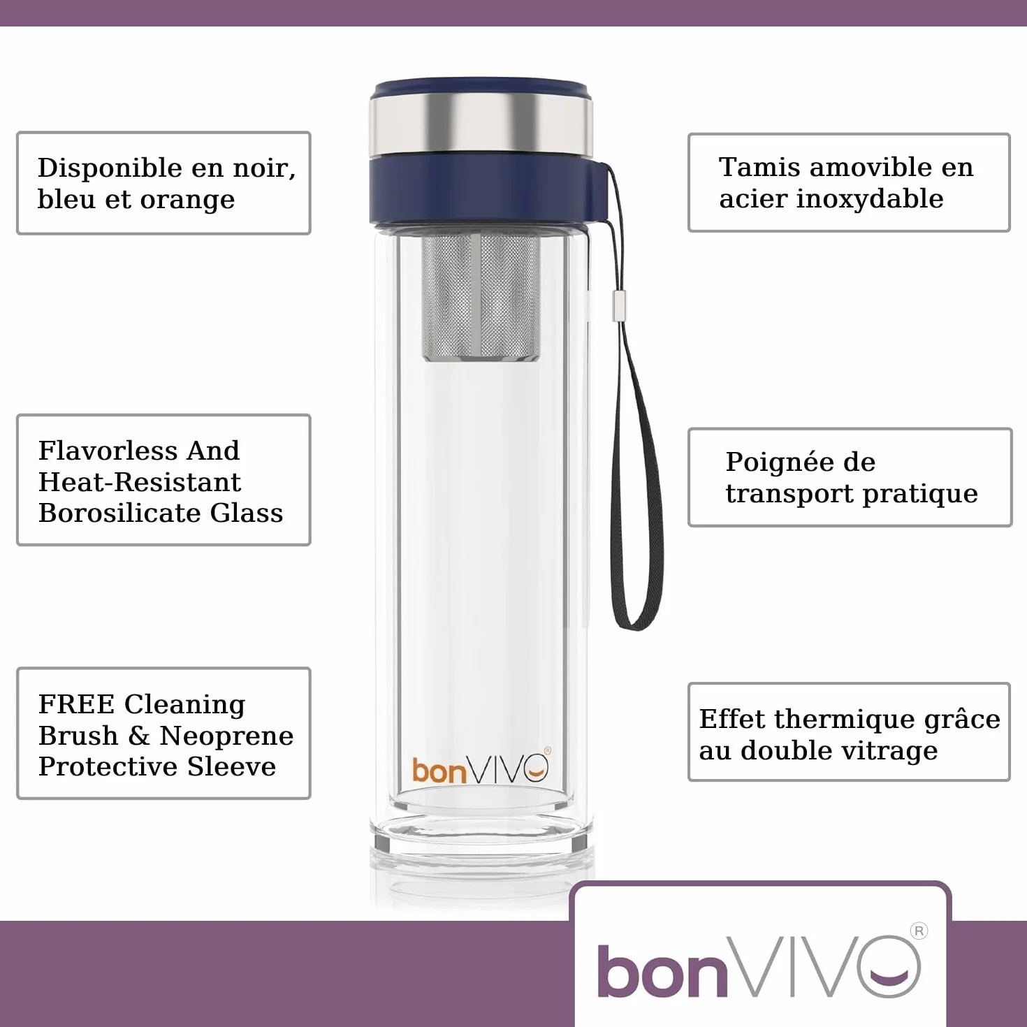 bonVIVO® - VitaliTEA Szklany kubek podróżny z zaparzaczem ze stali nierdzewnej 450 ml