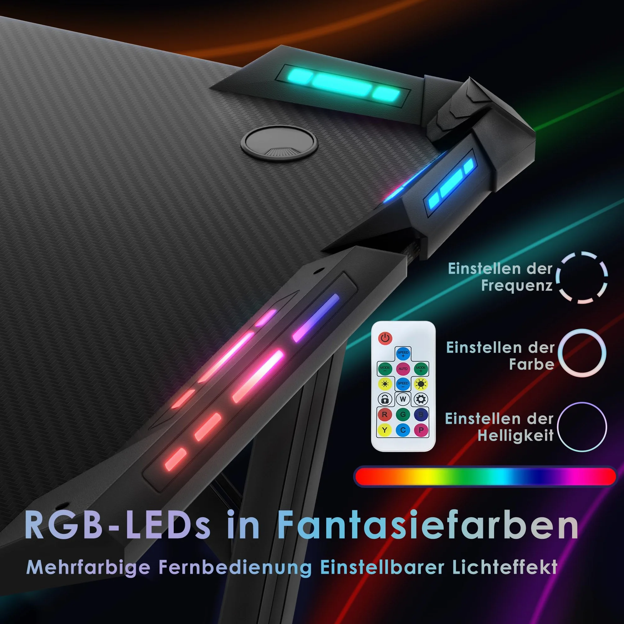 UISEBRT Biurko gamingowe, 120 x 60 cm, powierzchnia z włókna węglowego w kształcie litery A, biurko komputerowe z oświetleniem RGB LED, ergonomiczne biurko narożne z hakiem na słuchawki i uchwytem na
