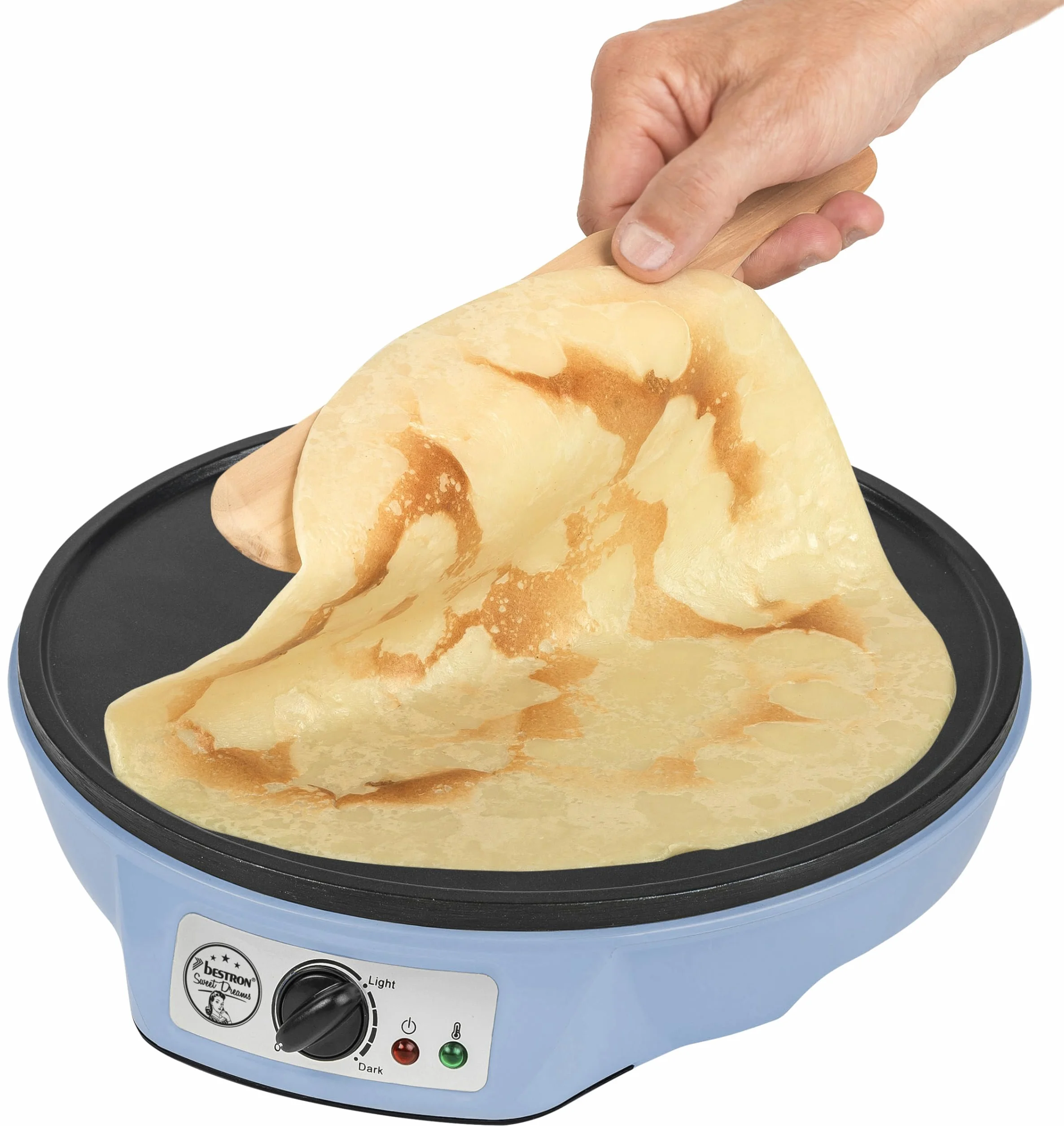Bestron Crepes Maker, Urządzenie do robienia naleśników o średnicy 30 cm, w komplecie Rozdzielacz do ciasta i łopatka do przewracania naleśników, z powłoką nieprzywierającą, Kolor: Niebieski