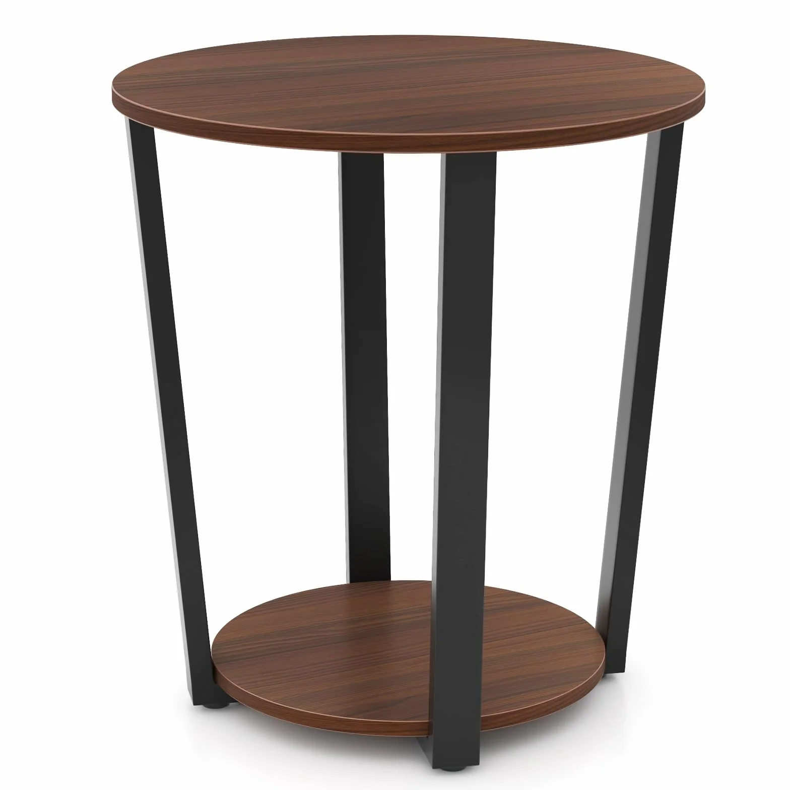 GIANTEX 2-poziomowy stolik pomocniczy, 50 x 50 x 56,5 cm, okrągły stolik nocny z otwartą półką i metalową ramą, stolik kawowy w stylu industrialnym do salonu, sypialni (orzech)