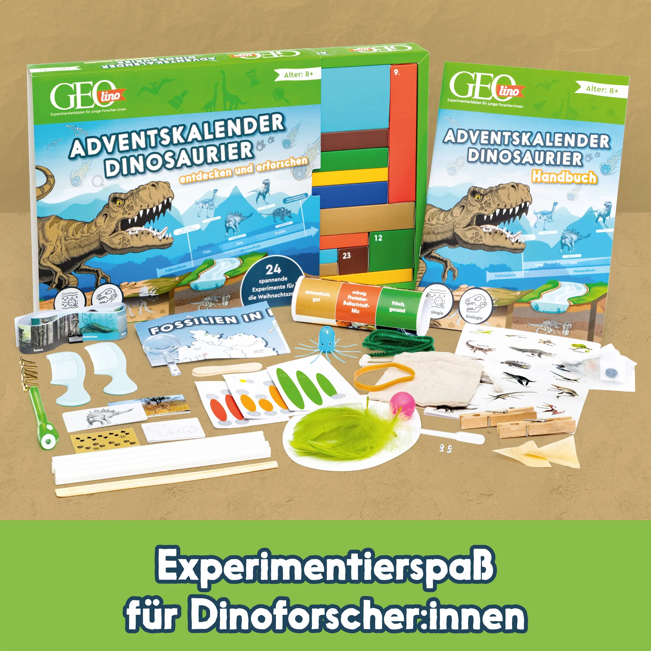 FRANZIS 67205 - GEOlino Adventskalender Dinosaurier - entdecken und erforschen. 24 spannende Experimente für die Weihnachtszeit, für Kinder ab 8 Jahren.