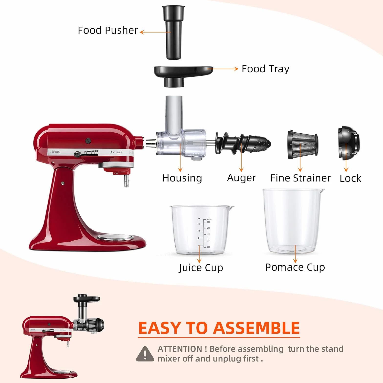 Gdrtwwh Nasadka do sokowirówki do miksera stojącego KitchenAid, Slow Juicer, wyciskarka do cytrusów, akcesoria do sokowirówki do żucia warzyw i owoców