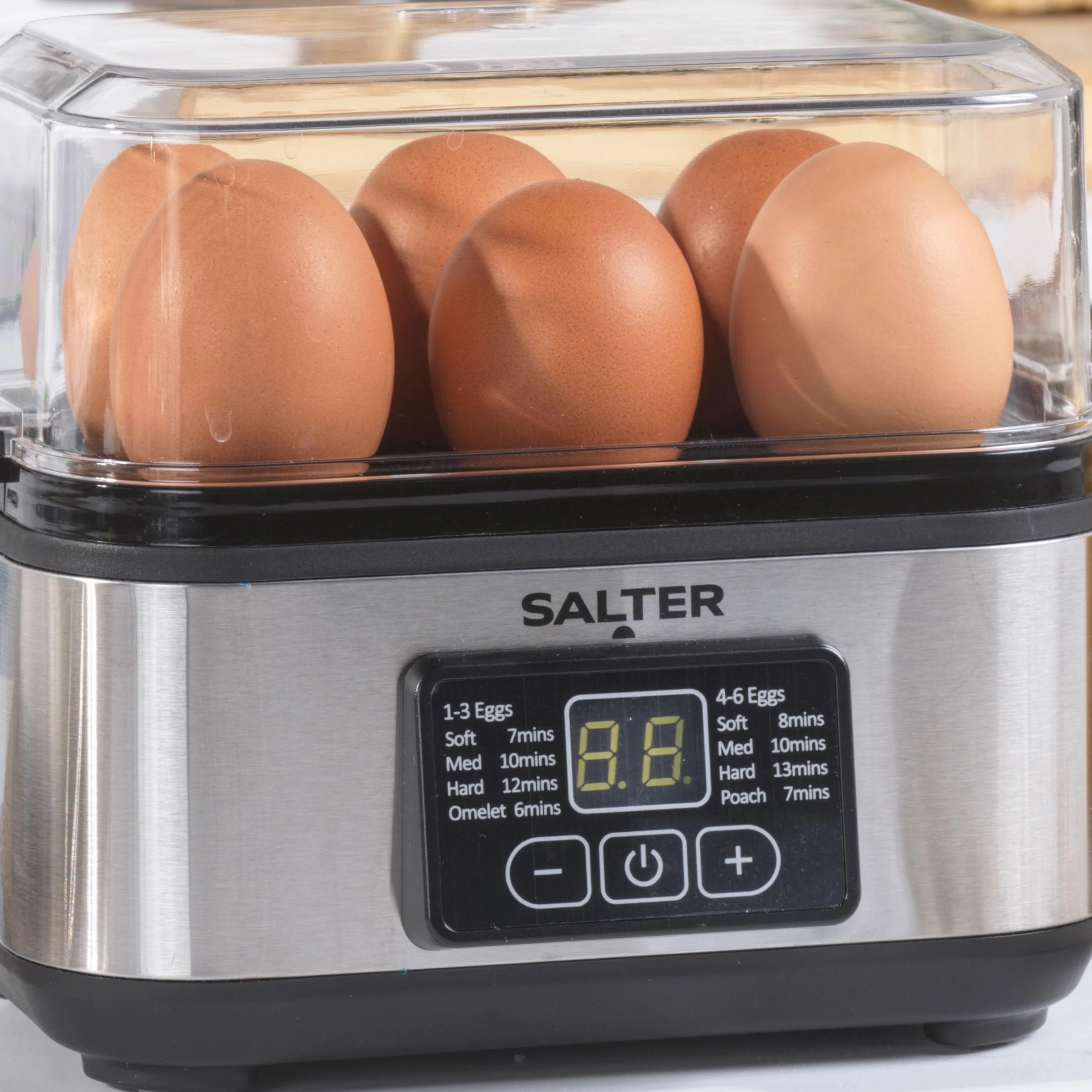Salter Electric Multi EK6213 podgrzewacz wody, pojemność 6 jajek, świetny do miękkich dipów, twarde i poached jajka, zawiera kubek pomiarowy, wymienny stojak na jajka i 2 tace na wypychanie,