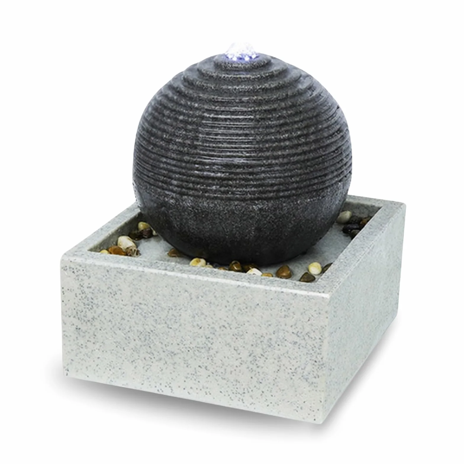 Nowoczesna fontanna wewnętrzna i zewnętrzna biała LED, relaksująca dekoracja stołu, pomysł na prezent na specjalne okazje, wys. 34 x 30 x 30 cm - Bonny Zen'light, szara