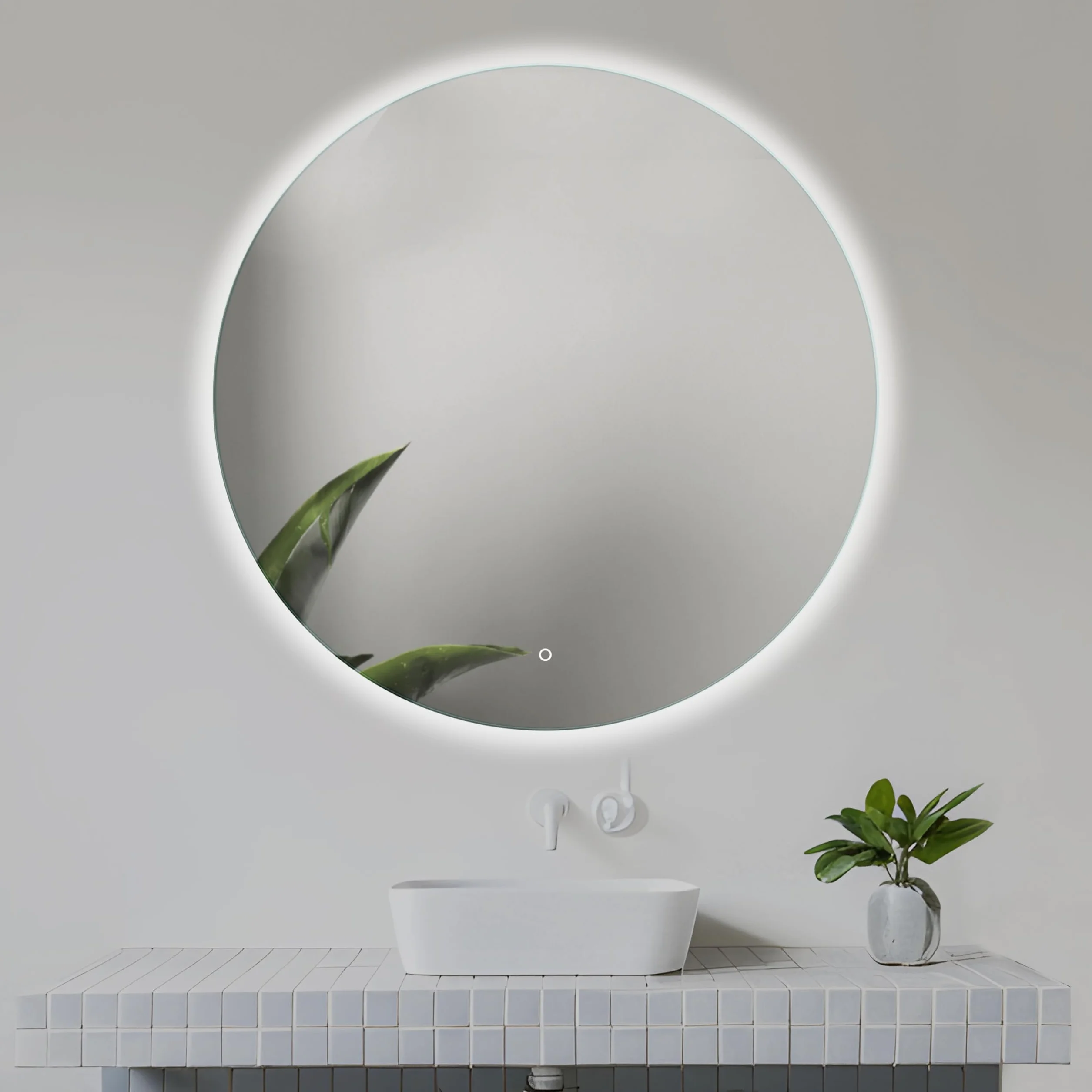 Okrągłe lustro łazienkowe 80 cm z oświetleniem LED, Okrągłe lustro ścienne LED z włącznikiem, Lustro z naturalnym białym światłem, Podświetlane z tyłu