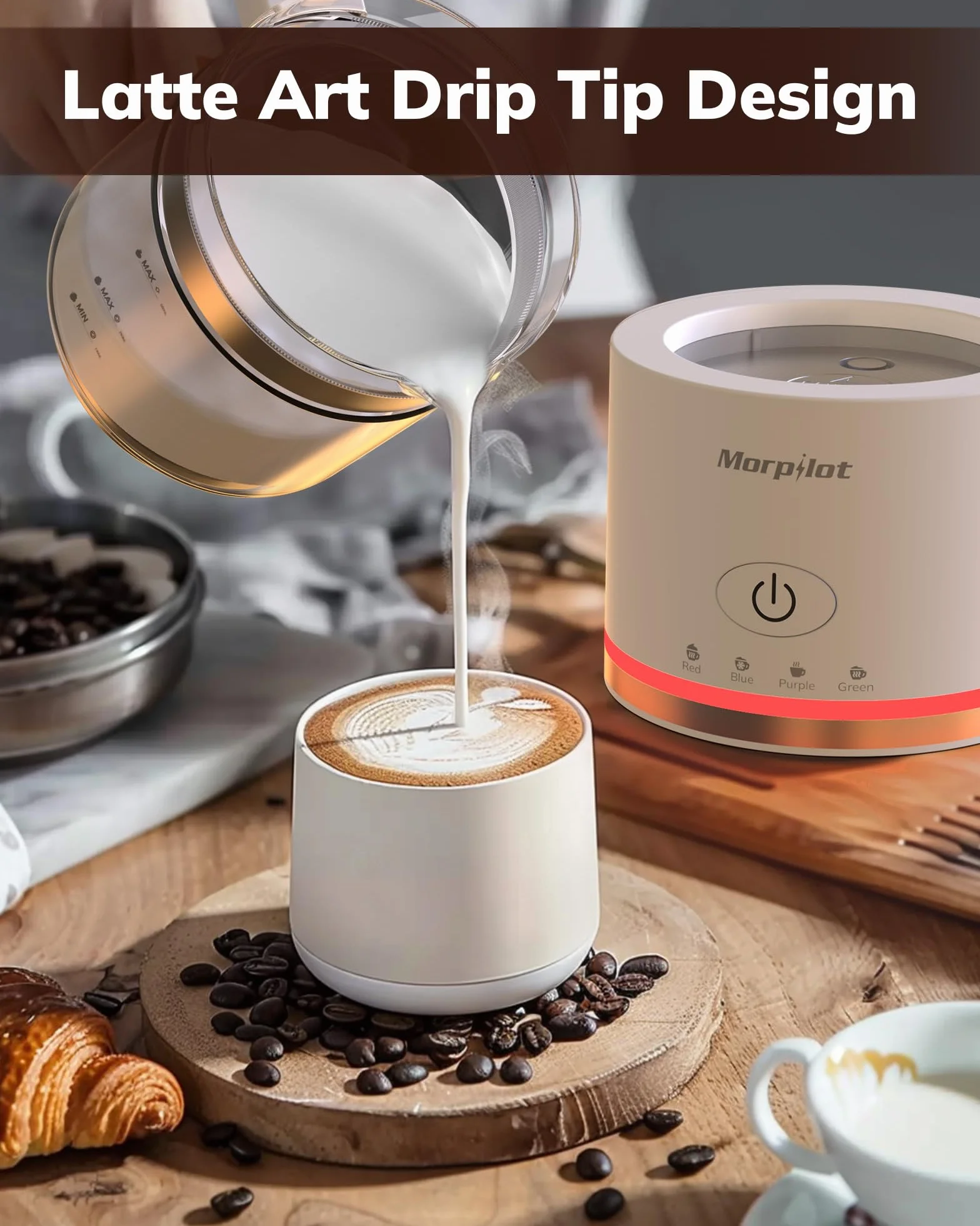 Morpilot spieniacz do mleka elektryczny, 130-500ml 600W, 4 w 1 spieniacz do mleka na gorąco i na zimno, odporny na zmywarkę, szkło wizualne, design latte, biały