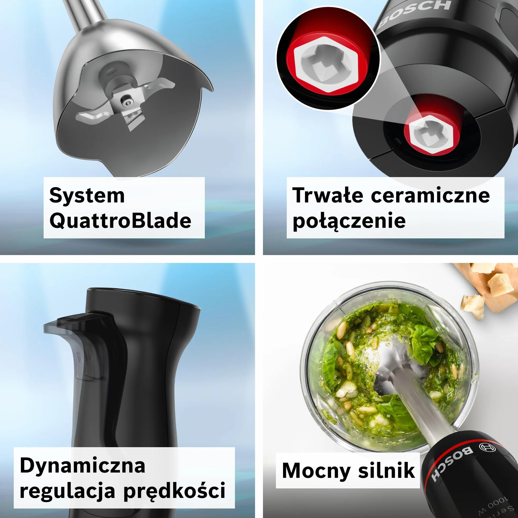 Bosch, blender ręczny, ErgoMaster Series 4, silnik 1000 W, dynamiczna regulacja prędkości, system QuattroBlade, akcesoria w zestawie, MSM4B610