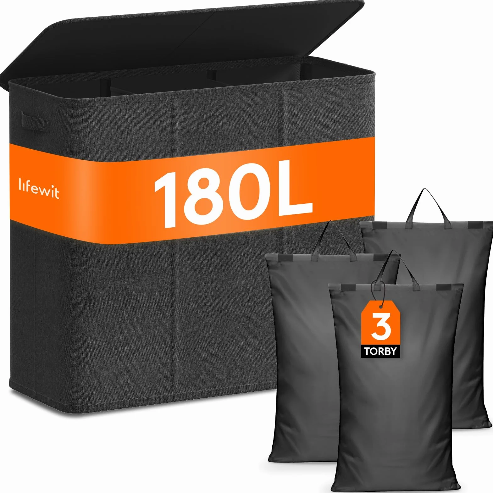 Lifewit 180L kosz na pranie 3 sekcje, bardzo duży kosz na pranie z pokrywą, kosz na brudne ubrania z uchwytem, podzielony organizer na pranie z 3 wyjmowanymi workami na pranie, Ciemnoszary