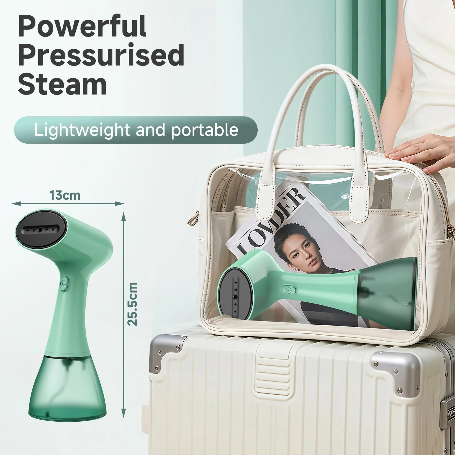 OLAYMEY Steamer żelazko parowe podróżne, 1800 W, 30 g/min, żelazko parowe, 400 ml, przenośne żelazko podróżne, szybkie nagrzewanie 20 s, ręczna parownica, szczotka parowa do ubrań, T202, zielona