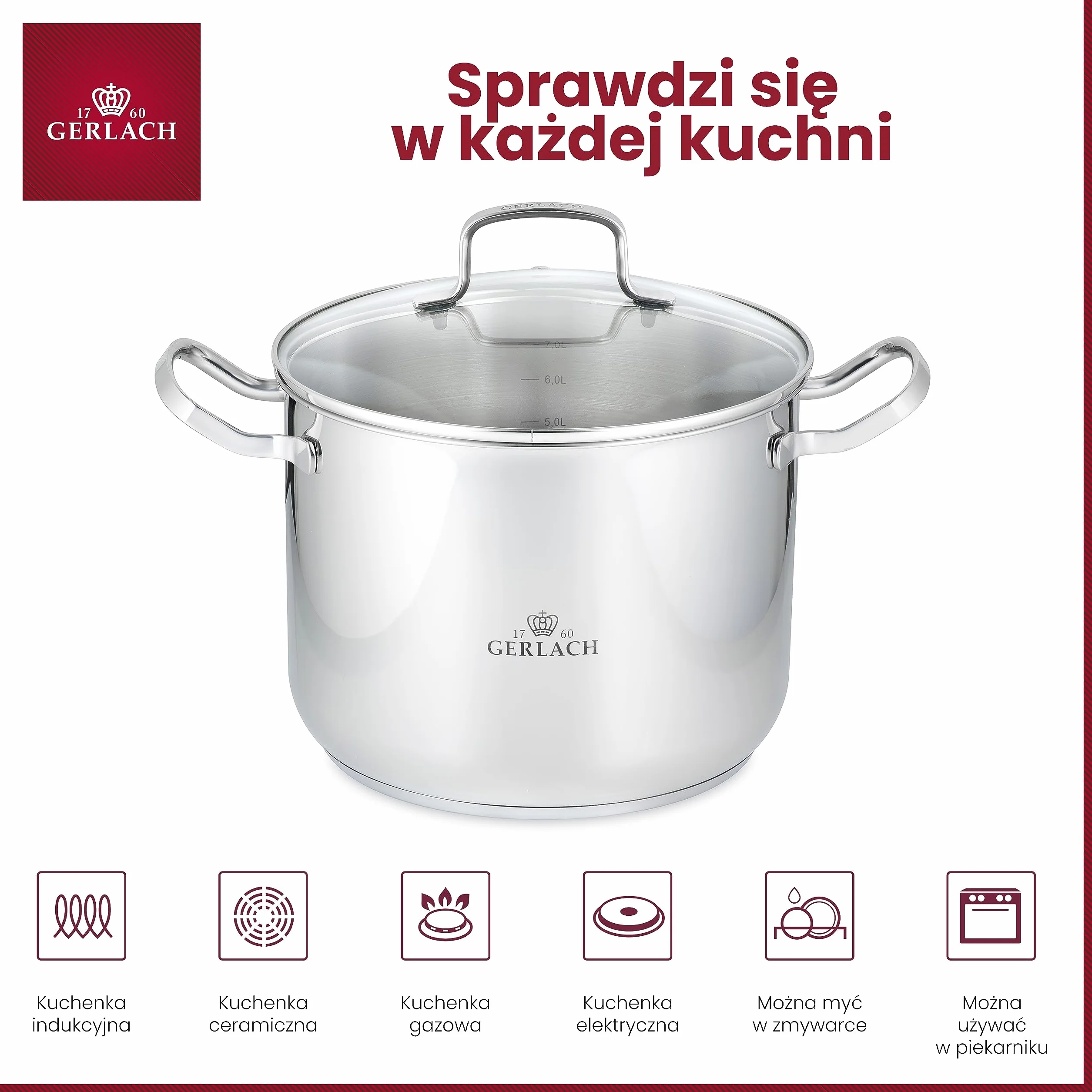 Gerlach Garnek, Stal Nierdzewna, Srebrny, 7 l