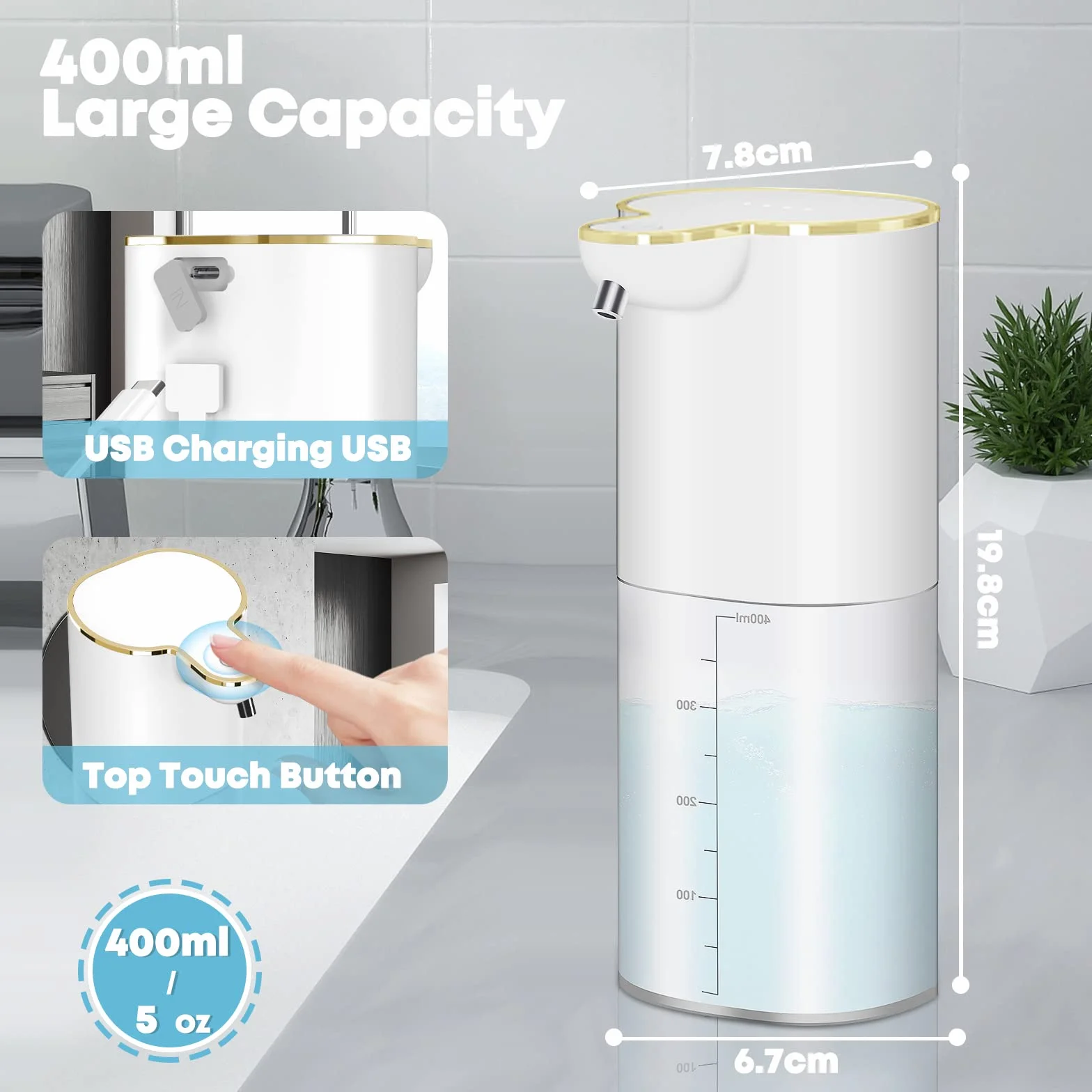 Automatyczny Bezdotykowy Dozownik Mydła w Piance, 400 ml, Wodoszczelność IPX5, Montowany na Stole/Ścianie, Do Kuchni, Łazienki (1 Opakowanie), Przezroczysty