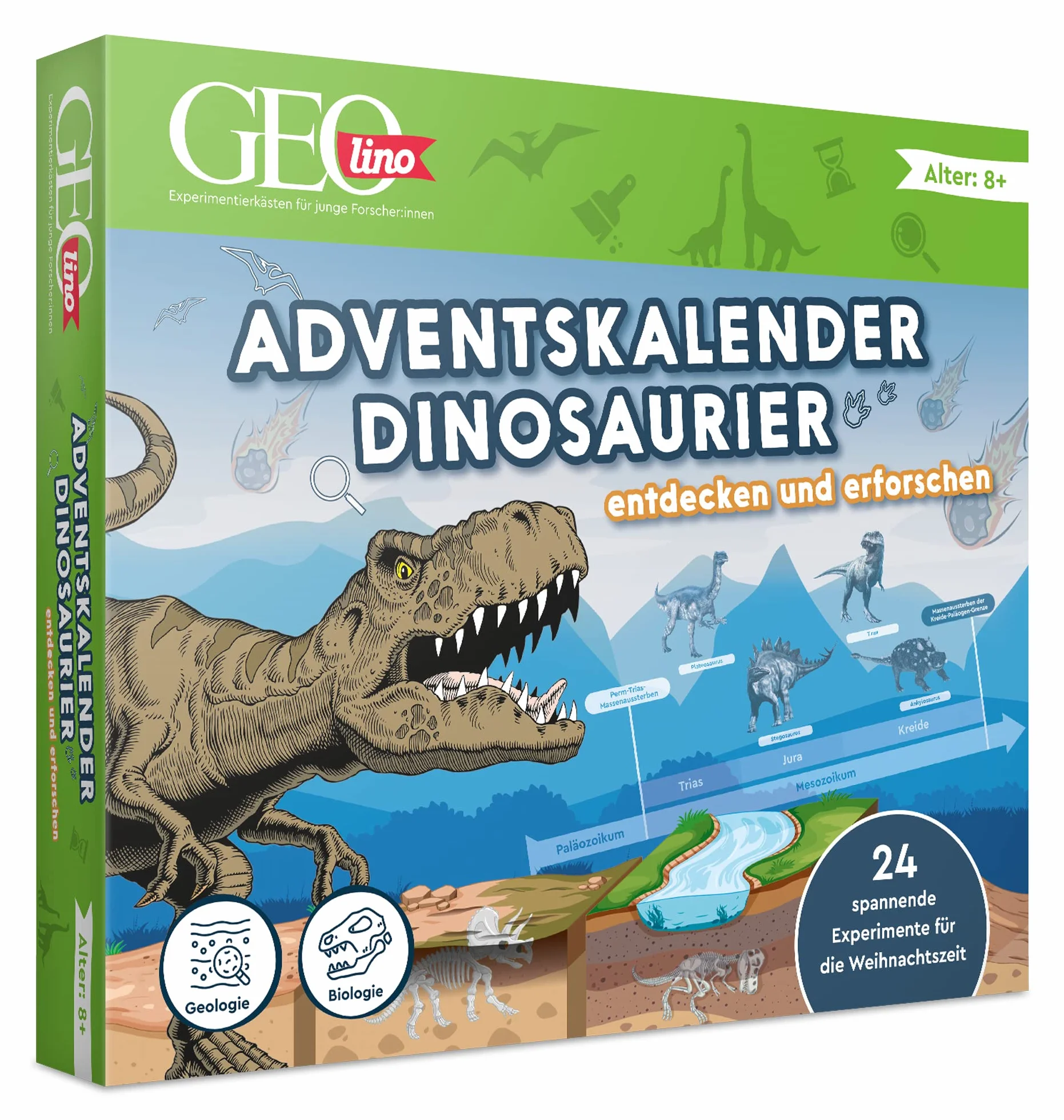 FRANZIS 67205 - GEOlino Adventskalender Dinosaurier - entdecken und erforschen. 24 spannende Experimente für die Weihnachtszeit, für Kinder ab 8 Jahren.
