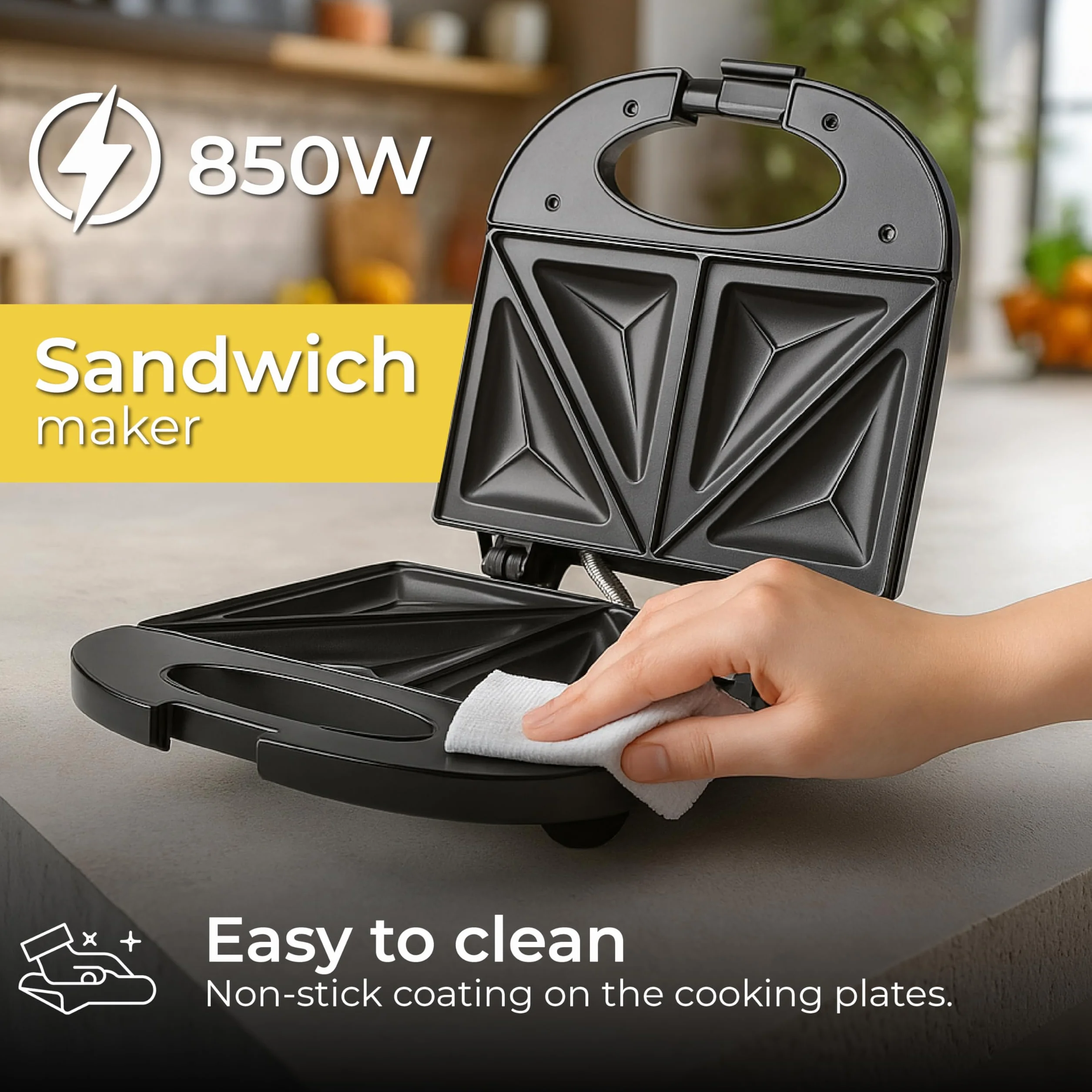 ADLER EUROPE AD 3015 Toster Sandwich, Opiekacz, Chrupiące kanapki, Moc 850W, Srebrny, Inox, Czarny