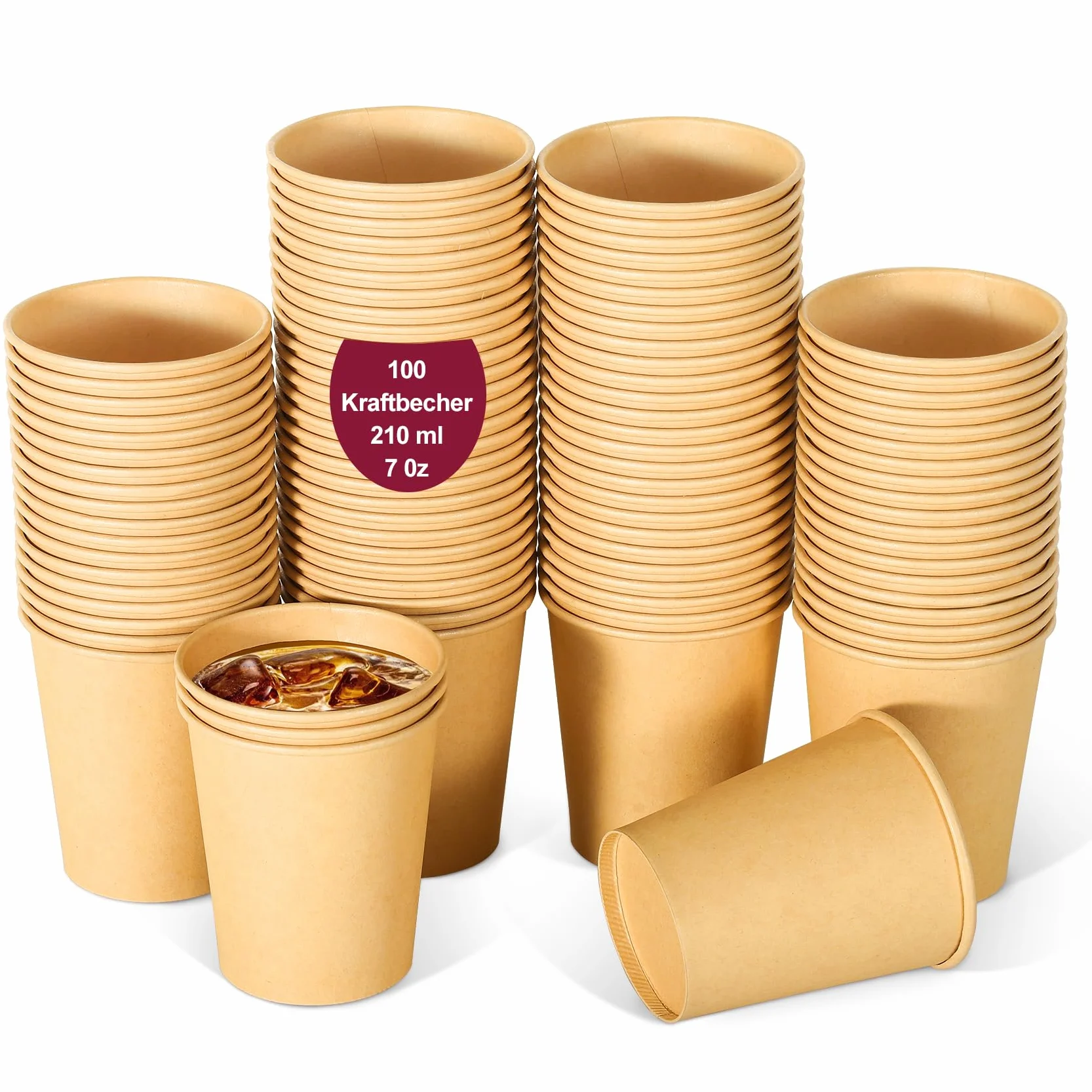 Kubek do kawy, 100 sztuk, kartonowe kubki do kawy, 210 ml, jednorazowe, szklanki do herbaty, kubki kartonowe, do gorących i zimnych napojów, brązowe