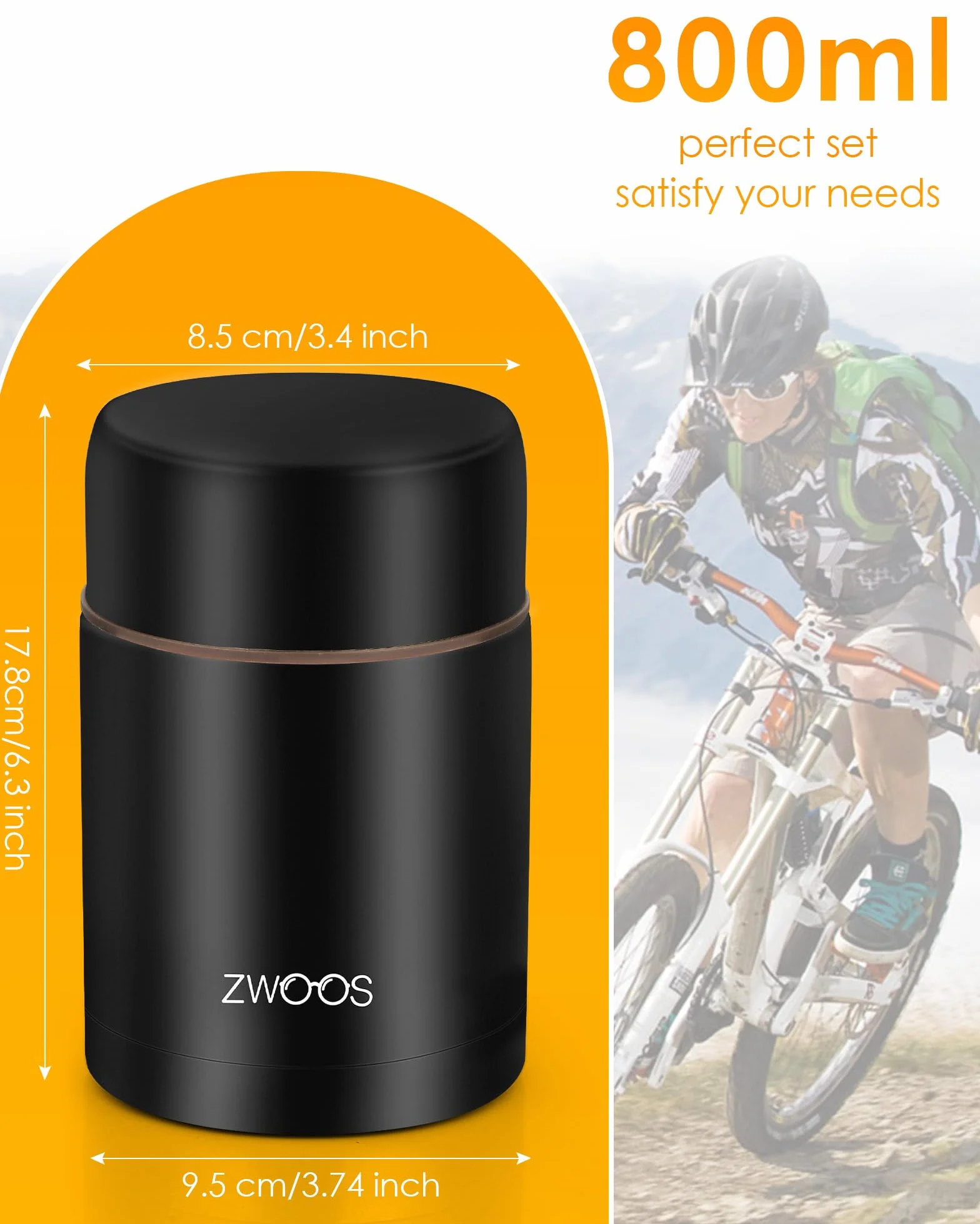 ZWOOS Pojemnik termiczny na żywność 800 ml ze stali nierdzewnej 316 szczelny kubek termiczny czarny