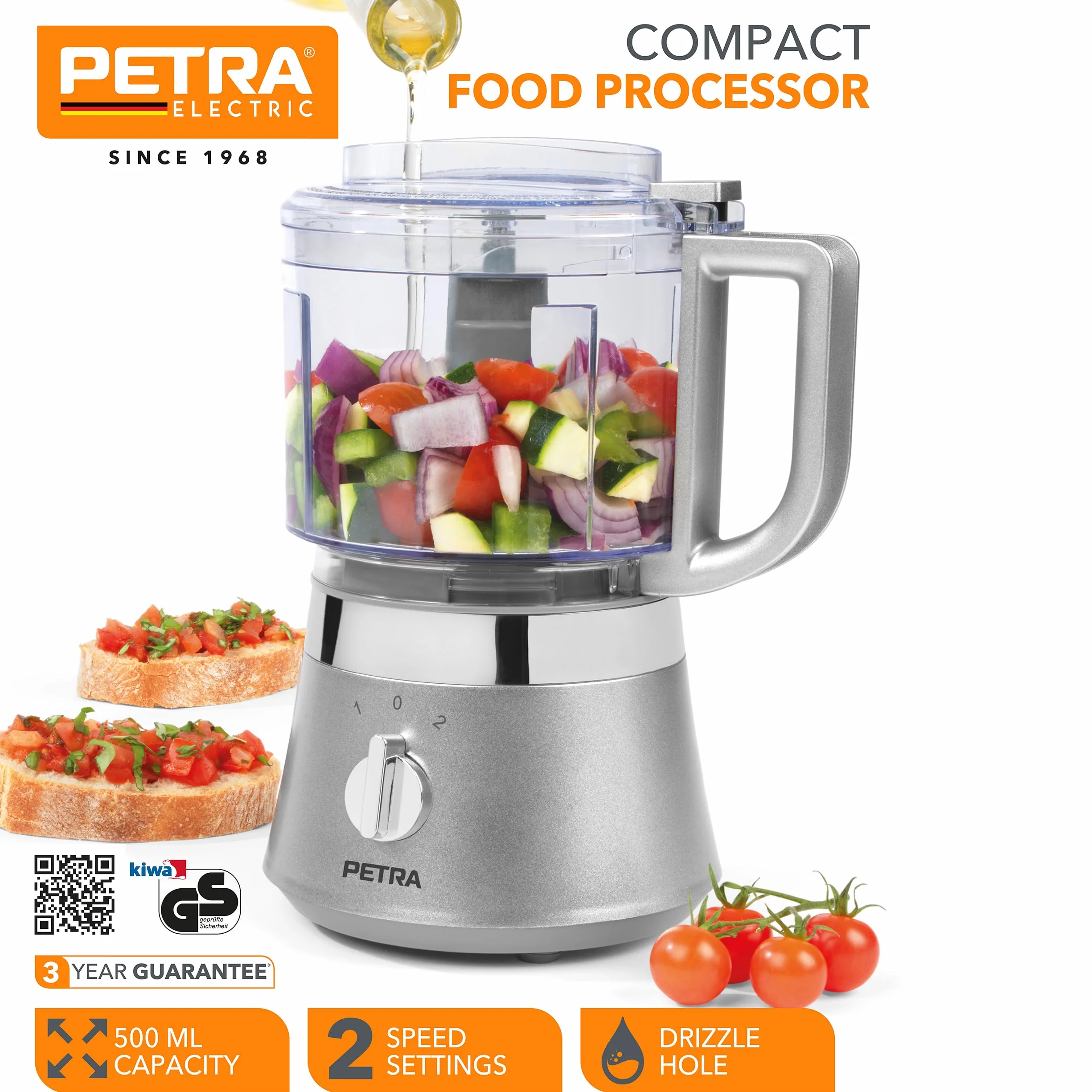 Petra PT5114VDEEU7 Kompaktowy kuchenny robot wielofunkcyjny, 500 ml, 2 predkosci, ostrza ze stali nierdzewnej, otwór w pokrywce, konstrukcja ulatwiajaca czyszczenie, sieka salaki/warzywa, 400 W