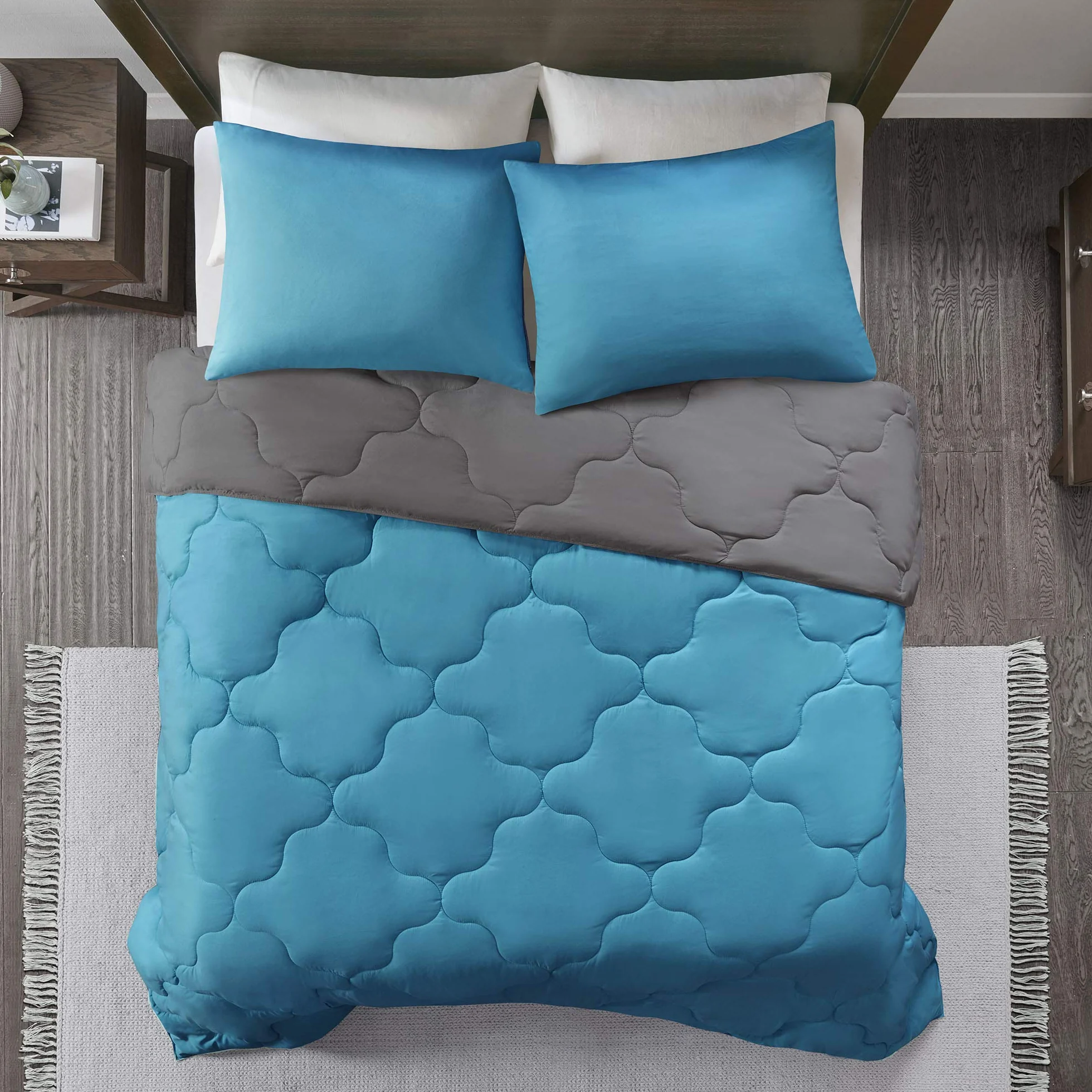 Comfort Spaces Vixie Reversible Comforter Set - Trendy Casual Geometric Quilted Cover, All Season Down Alternative Cozy Bedding, Matching Sham, Teal/Charcoal, Full/Queen 3 piece