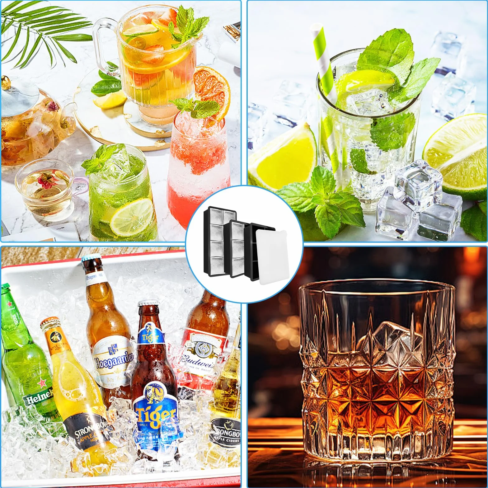 Fousenuk 3 sztuki dużych foremek do kostek lodu, silikonowe, z pokrywką, do koktajli, whisky, wina, mrożonej herbaty (6 x 2 + 8 x 1)