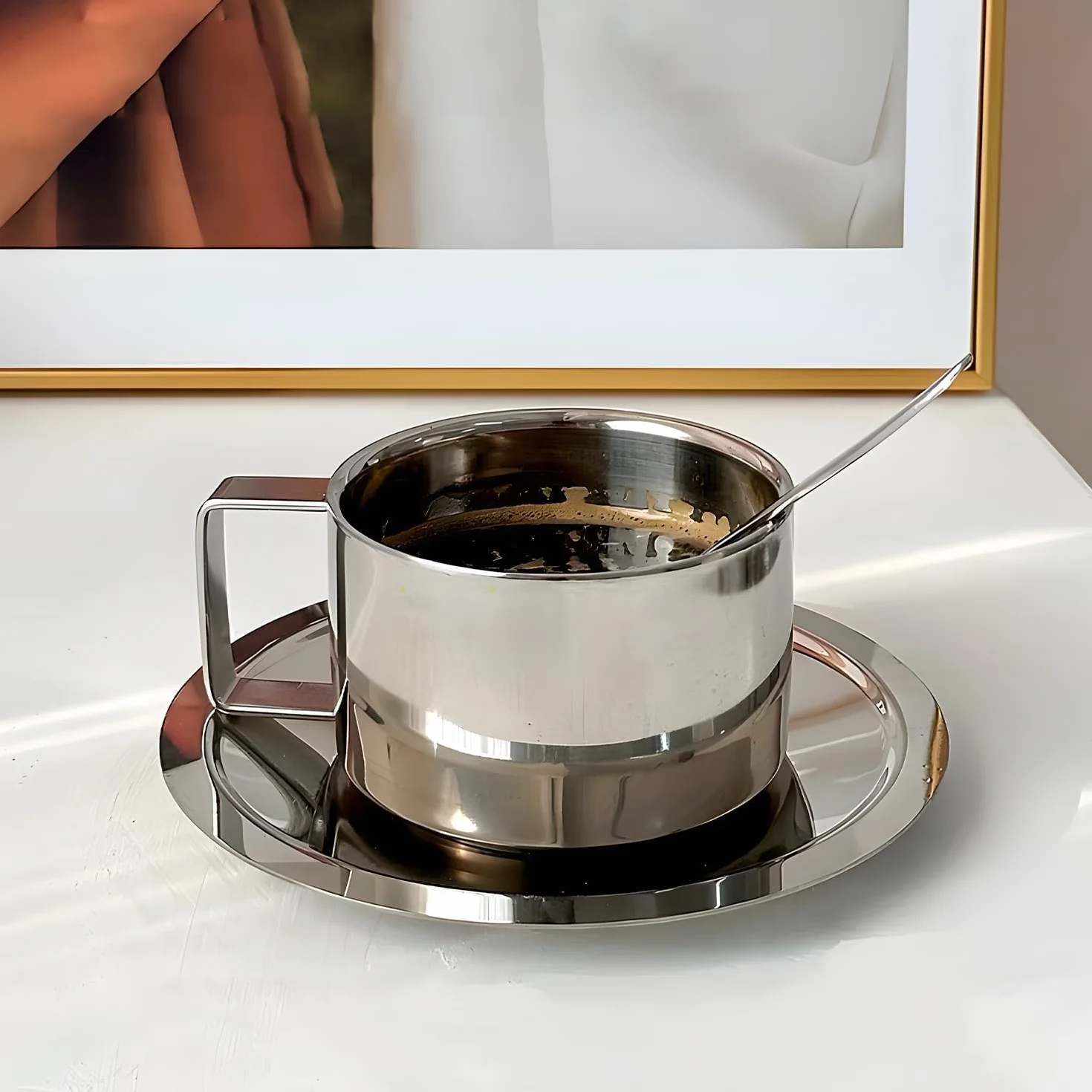Zestaw 4 filiżanek do kawy ze stali nierdzewnej, 200 ml, podwójne ścianki, metalowe, do espresso, filiżanki termiczne z łyżeczką i spodkiem, do kawy, latte, herbaty, mleka