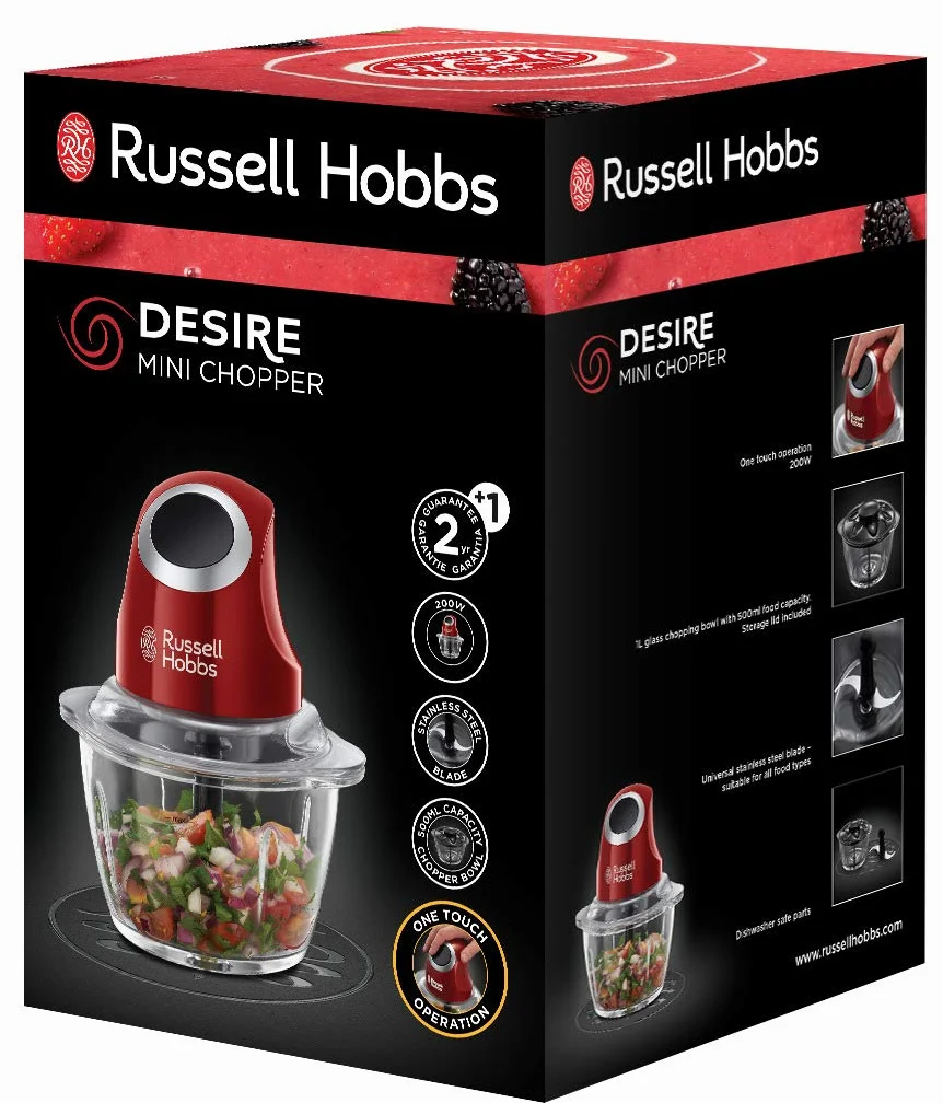 Russell Hobbs rozdrabniacz do warzyw, funkcja rozdrabniania, dwuskrzydłowe ostrza, ostrza ze stali nierdzewnej, szklany pojemnik, pojemność 0,5l, moc 200W, czerwony, Desire 24660-56