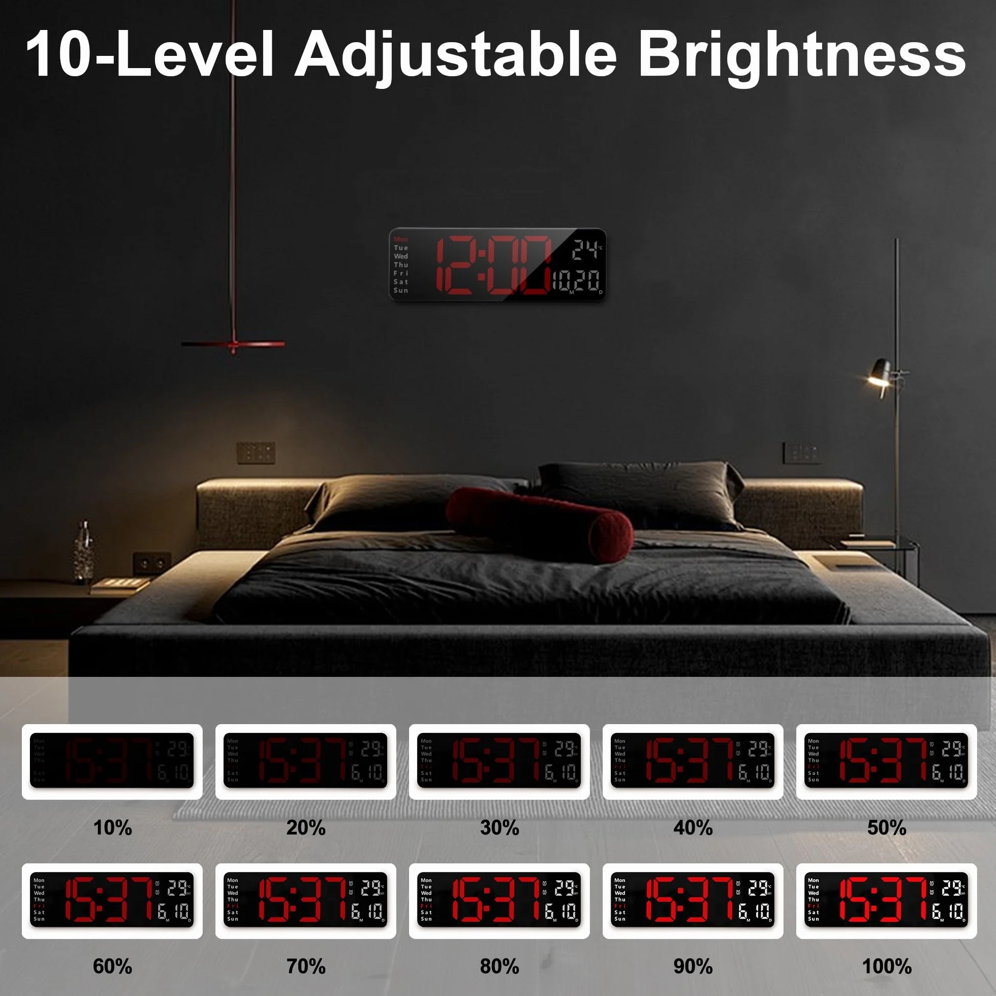 Lafocuse Cyfrowy zegar ścienny LED 33 cm z pilotem, regulowaną jasnością, timerem, temperaturą, datą