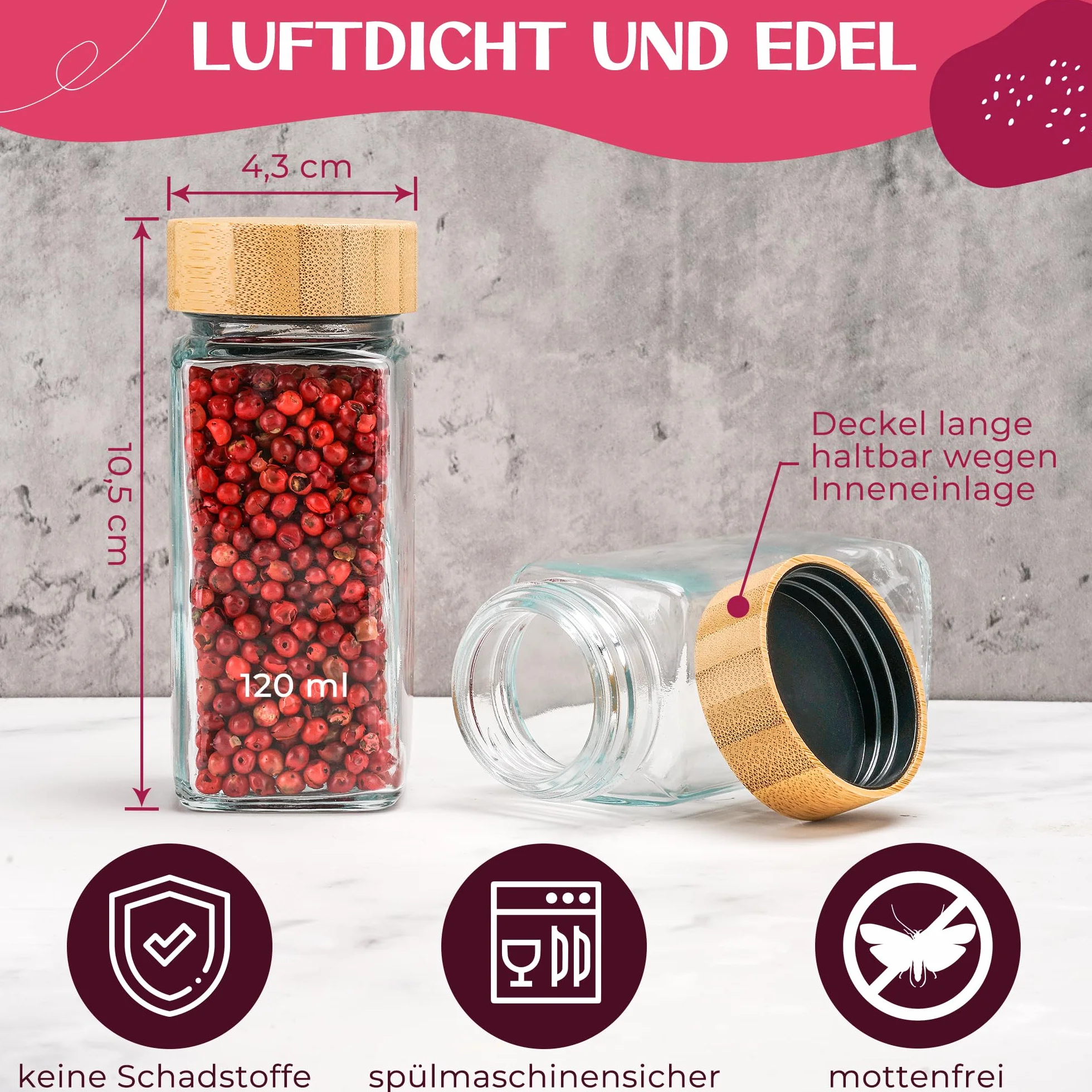 Prostokątne słoiki na przyprawy, 120 ml, zestaw 6 sztuk, bambusowe pokrywki, etykiety w kolorze czarnym, zestaw pojemników na przyprawy, pojemnik na przyprawy, słoiki na przyprawy