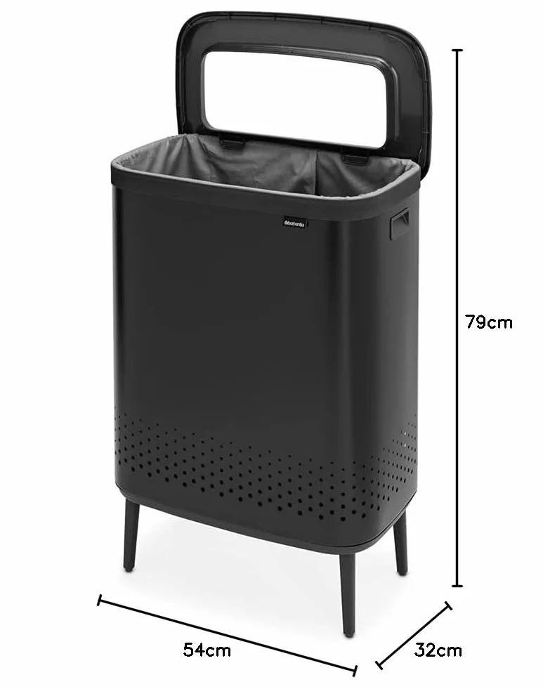 Brabantia - Kosz na pranie Hi 2x45L - Kosz na brudne ubrania - 2 komory - Pokrywa z szybkim otwieraniem - Zdejmowana bawełniana torba - Przenośny i higieniczny - Do sypialni i łazienki - Matt Black
