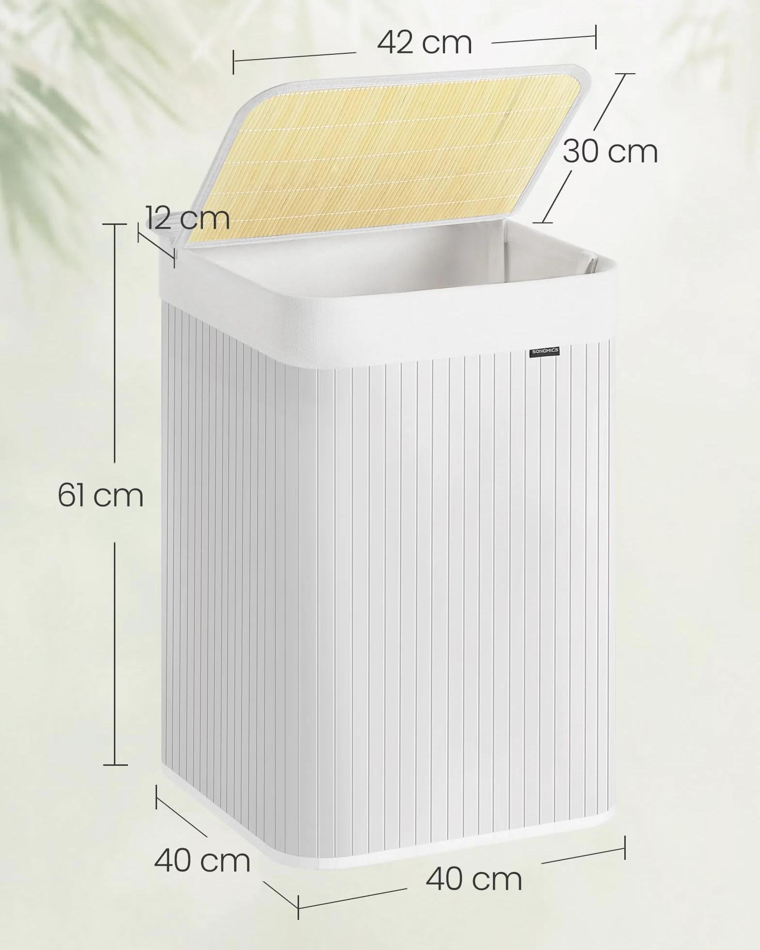 SONGMICS Kosz na bieliznę 95 l, kosz na brudną bieliznę, pokrywa, bambusowy, uchwyty, składany, zdejmowany worek nadający się do prania w pralce, do sypialni, biały LCB060W01