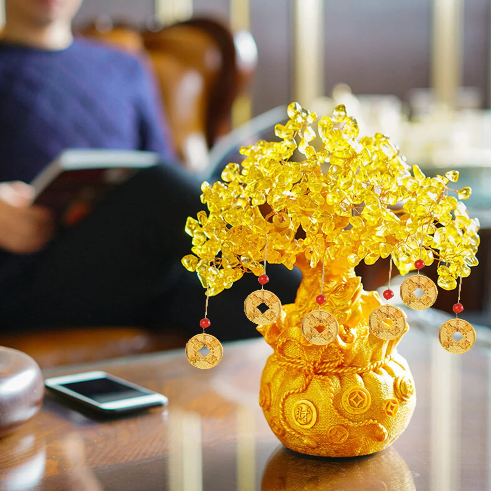 Feng Shui Bonsai Drzewko na pieniądze złote drzewo szczęścia dekoracja do domu biura